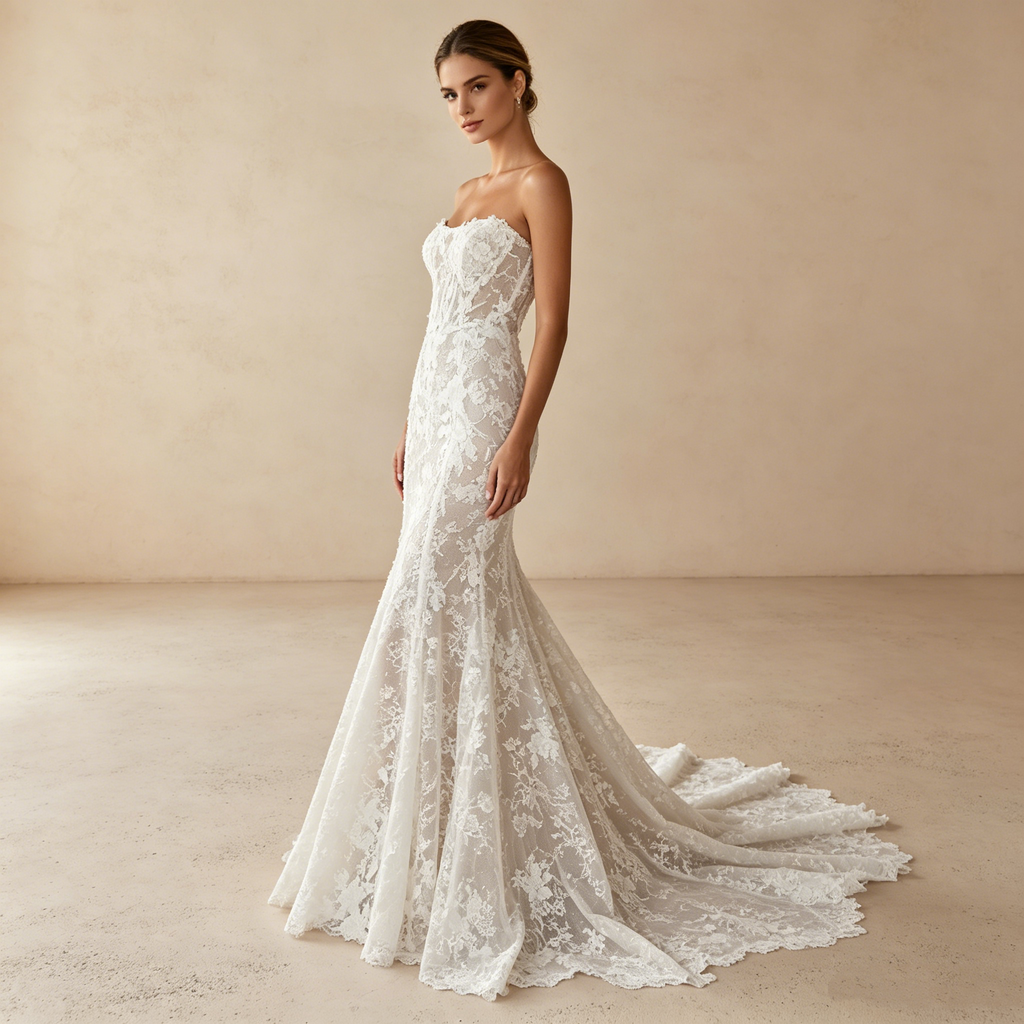 Luxuriöses Spitzen-Maxikleid in Elfenbein – Elegantes Abendkleid mit Schleppe & Meerjungfrau-Schnitt