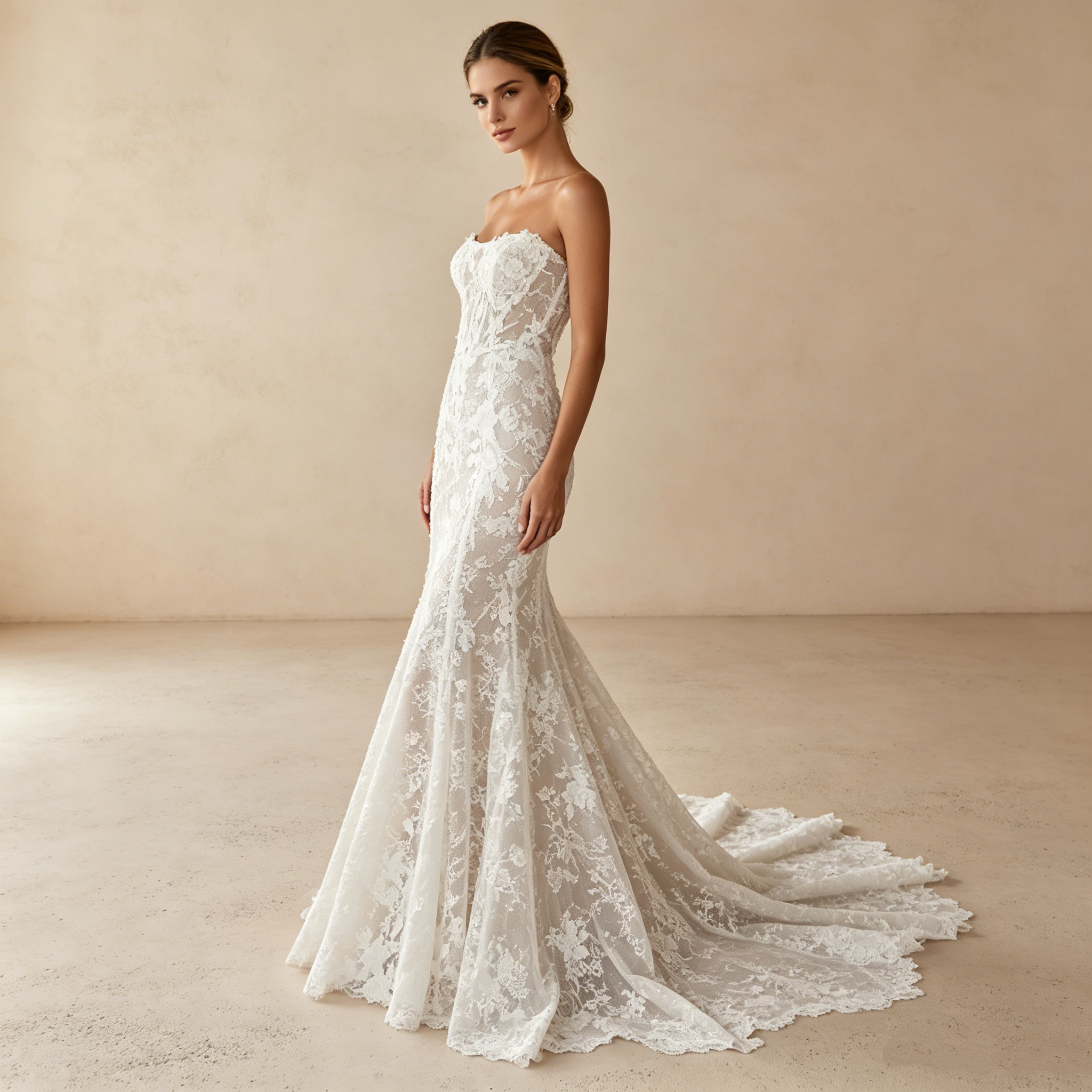 Luxuriöses Spitzen-Maxikleid in Elfenbein – Elegantes Abendkleid mit Schleppe & Meerjungfrau-Schnitt