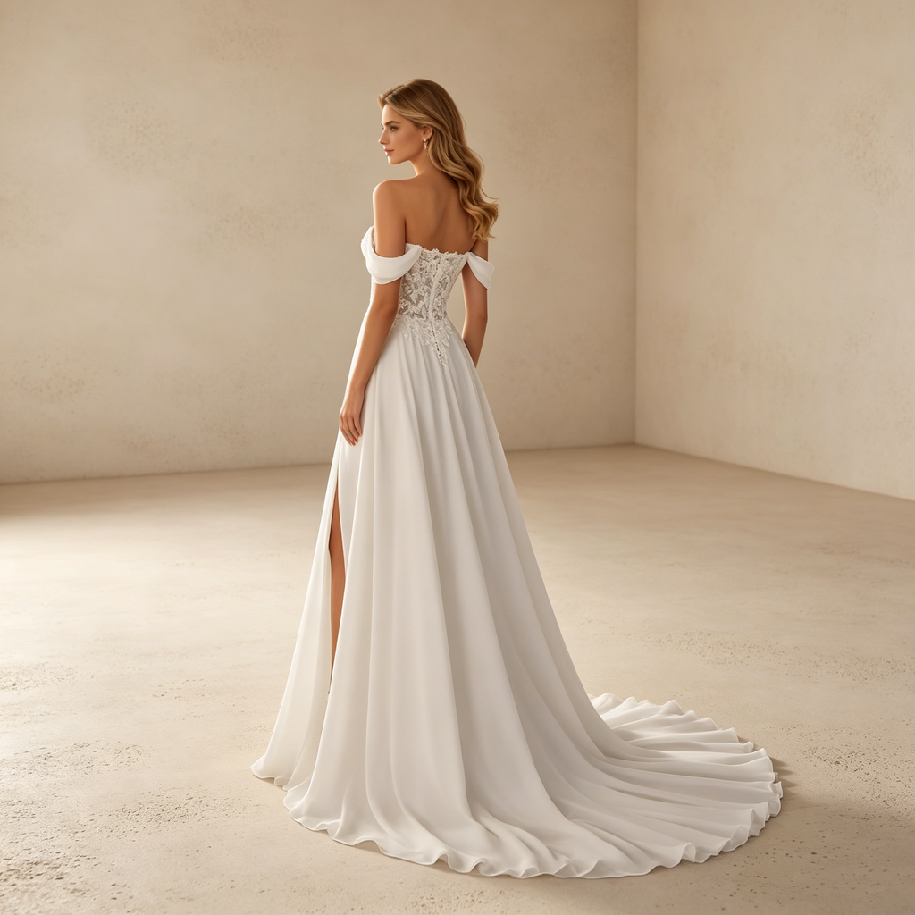 Elegantes schulterfreies Abendkleid mit Spitzenkorsett und Beinschlitz, Weiß