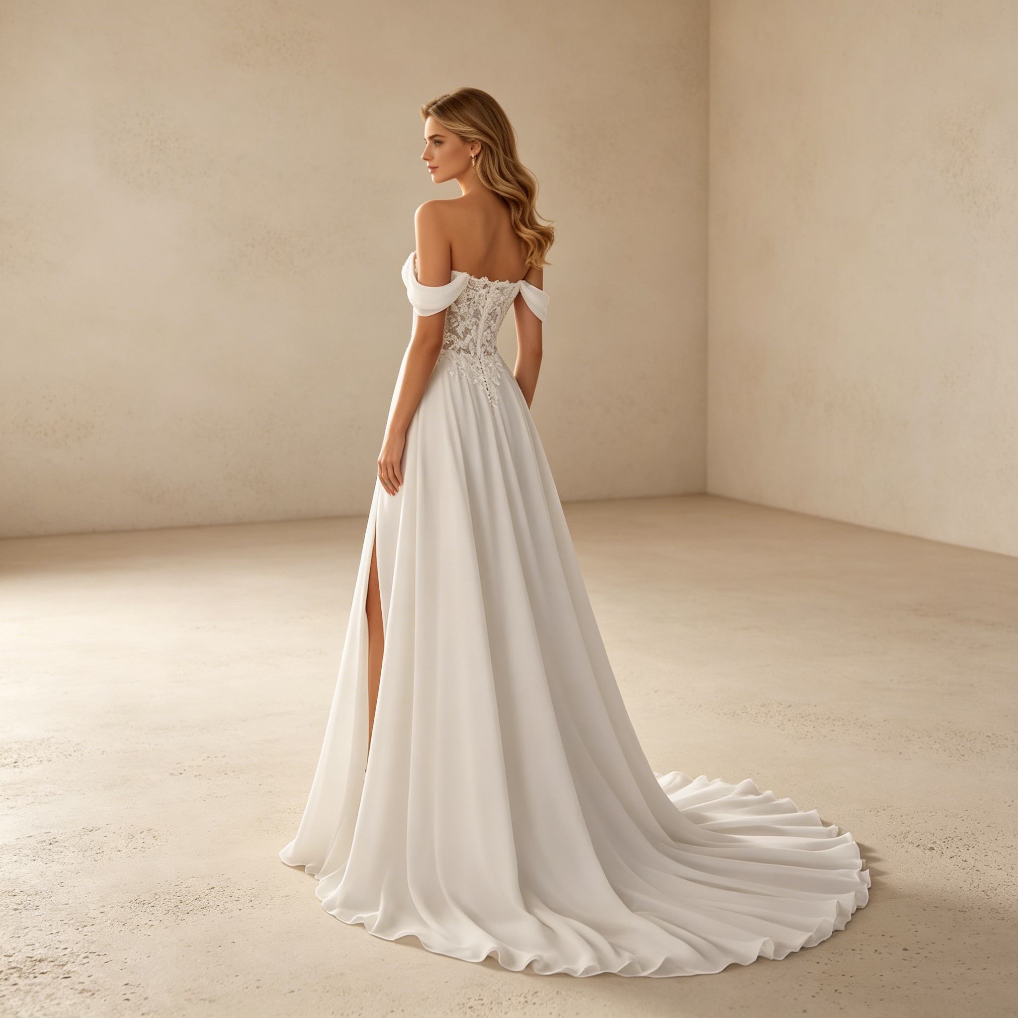 Elegantes schulterfreies Abendkleid mit Spitzenkorsett und Beinschlitz, Weiß