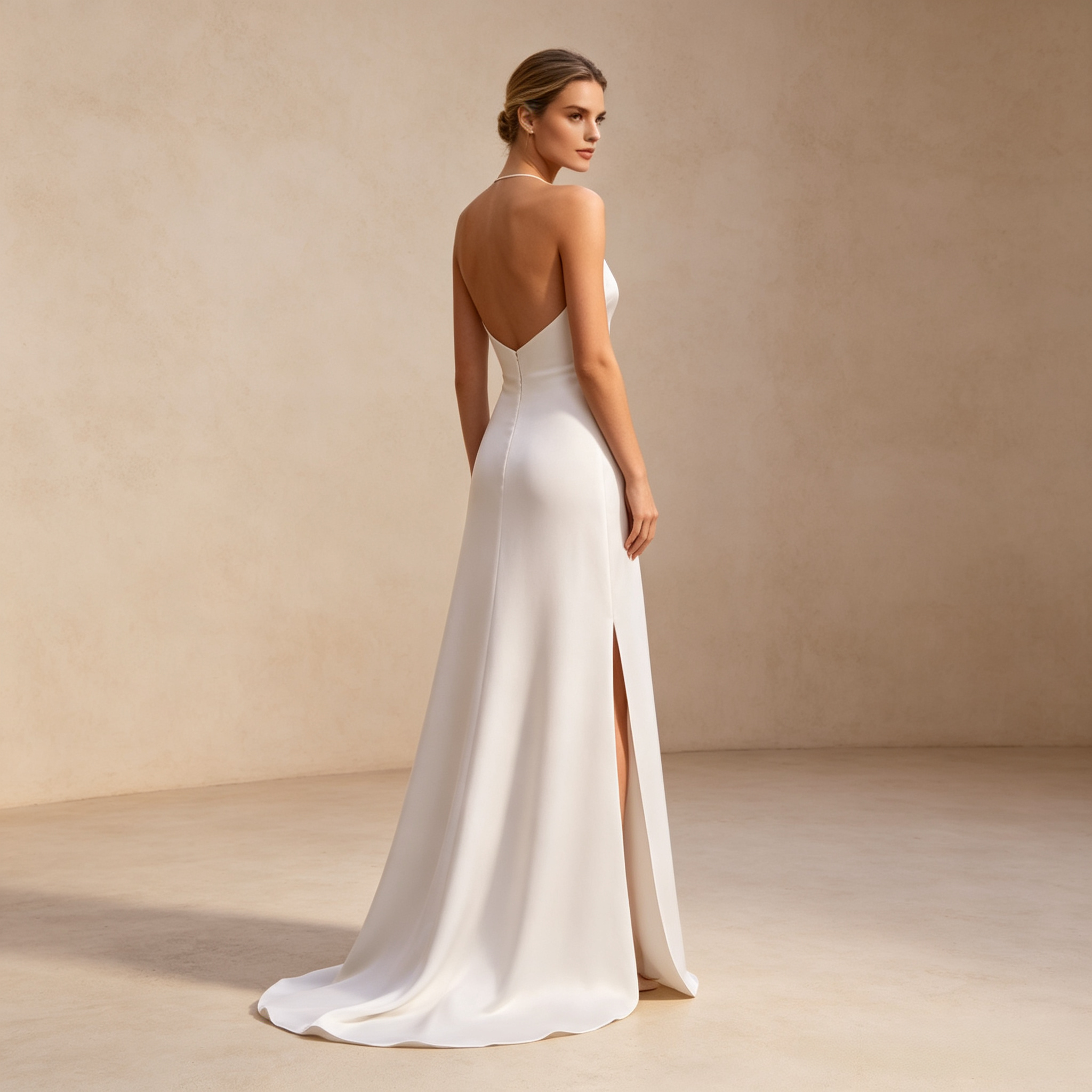Bodenlanges Abendkleid aus Satin in Elfenbein mit Neckholder, hohem Beinschlitz und Schleppe
