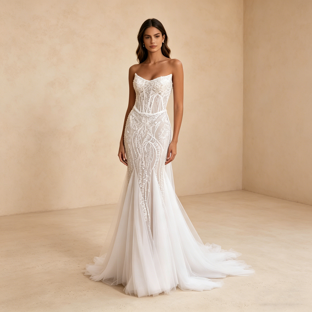 Exquisites Abendkleid in Elfenbein mit Perlenstickerei, Elegante Meerjungfrau-Silhouette, Ärmelloses Maxikleid für Besondere Anlässe