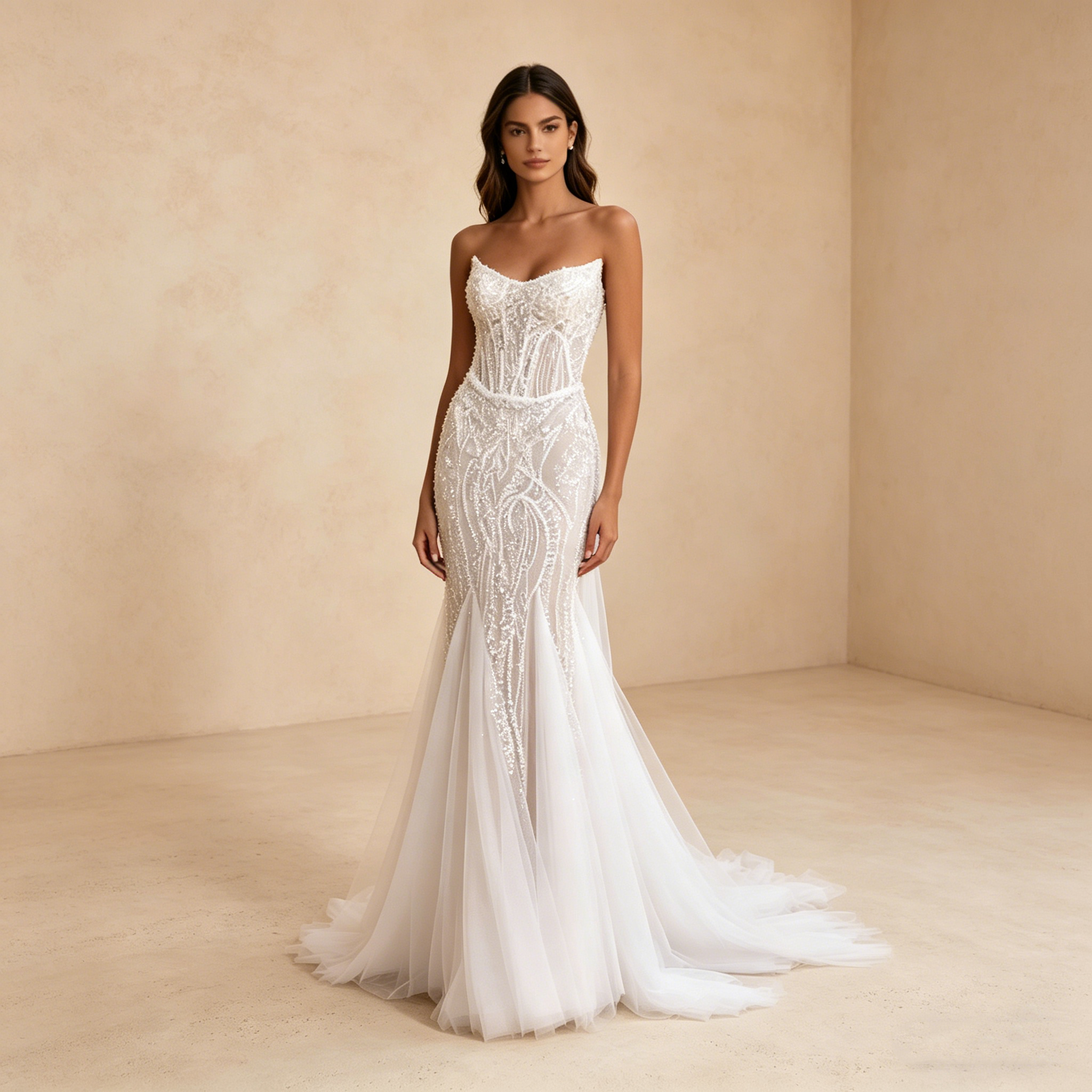 Exquisites Abendkleid in Elfenbein mit Perlenstickerei, Elegante Meerjungfrau-Silhouette, Ärmelloses Maxikleid für Besondere Anlässe