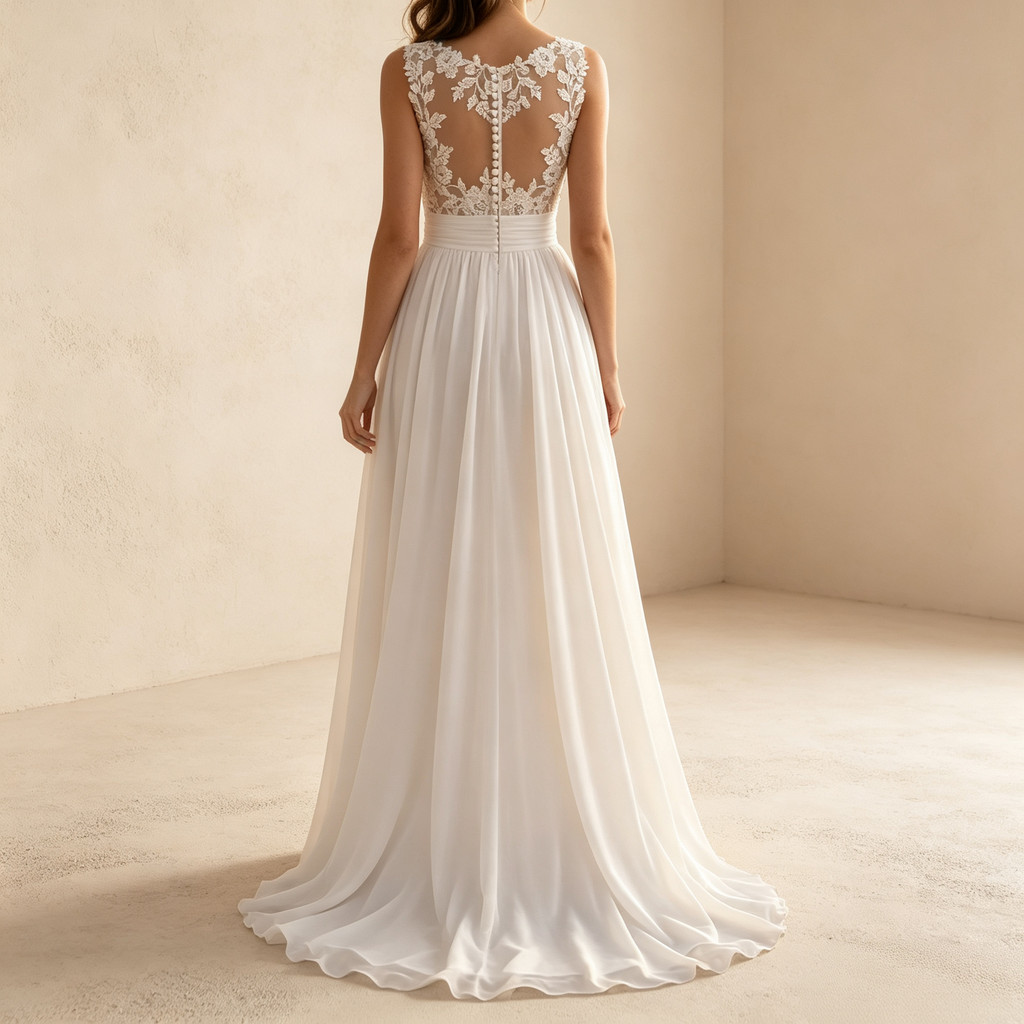Chiffon-Maxikleid mit V-Ausschnitt, Spitzenmieder und Beinschlitz