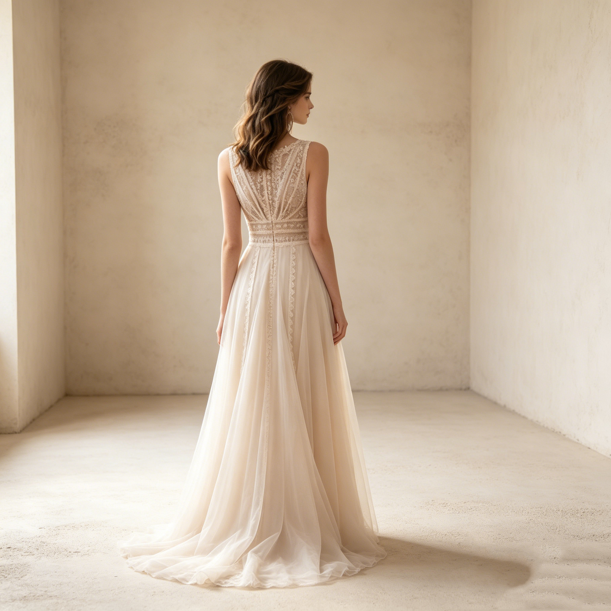 Romantischer Boho-Traum: Fließendes Maxikleid in Elfenbein mit edler Spitze und klassischem Rundhals