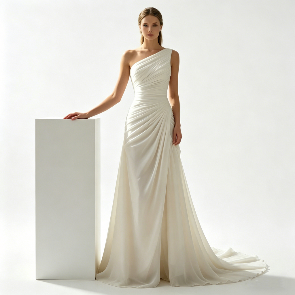 Moderne Couture in Reinweiß: Figurbetontes Meerjungfrau-Kleid mit Karree-Ausschnitt und eleganter Pinsel-Schleppe
