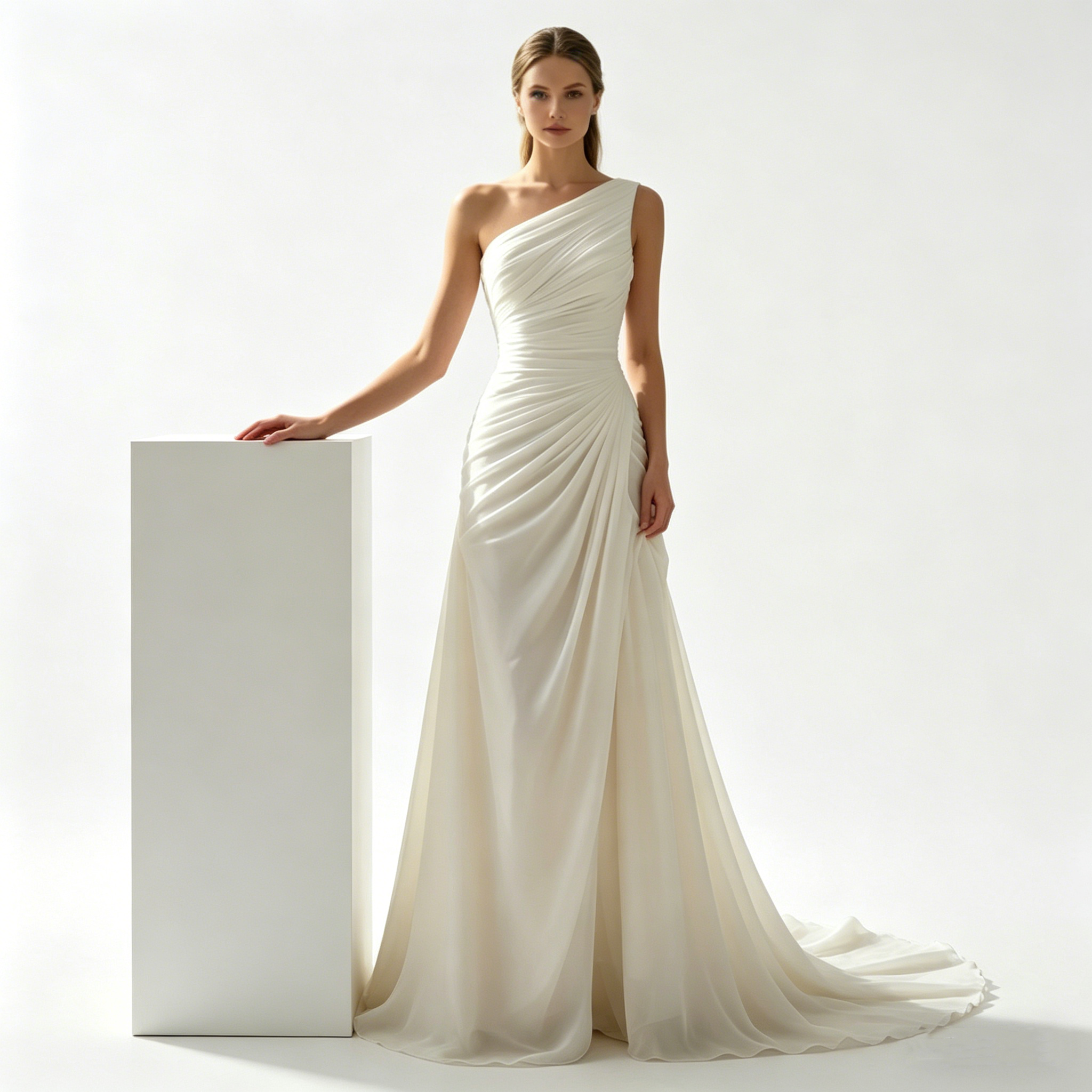 Moderne Couture in Reinweiß: Figurbetontes Meerjungfrau-Kleid mit Karree-Ausschnitt und eleganter Pinsel-Schleppe
