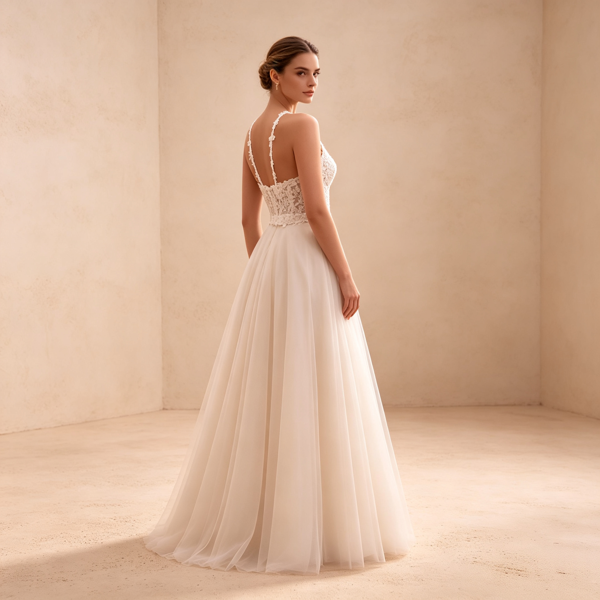 Bodenlanges Abendkleid in Elfenbein mit Spitzenoberteil, Neckholder und Tüllrock in A-Linie