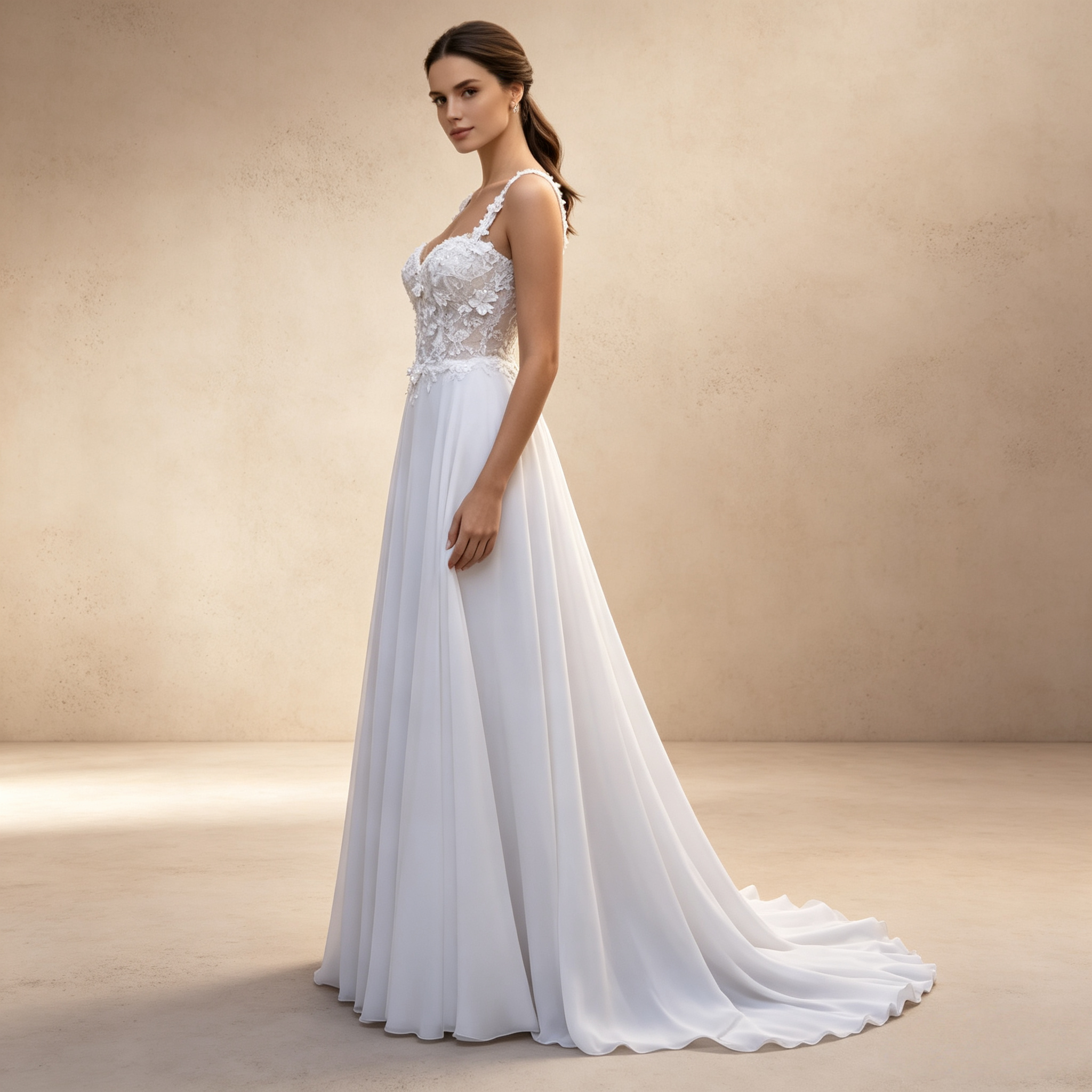 Elegantes weißes A-Linie-Kleid mit floraler Spitze und Trägern - Luftiger Chiffon-Rock