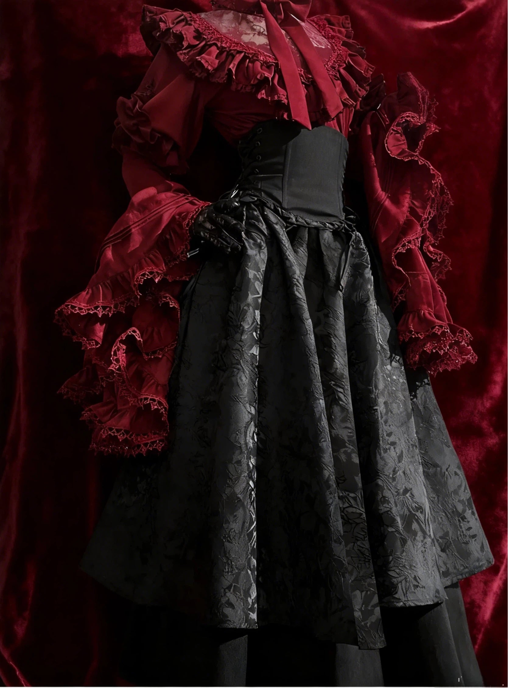 Gothic Lolita Langes Abiballkleid Schwarz Rot Set Halloween Valentinstag Spitze Bedruckt 34-44