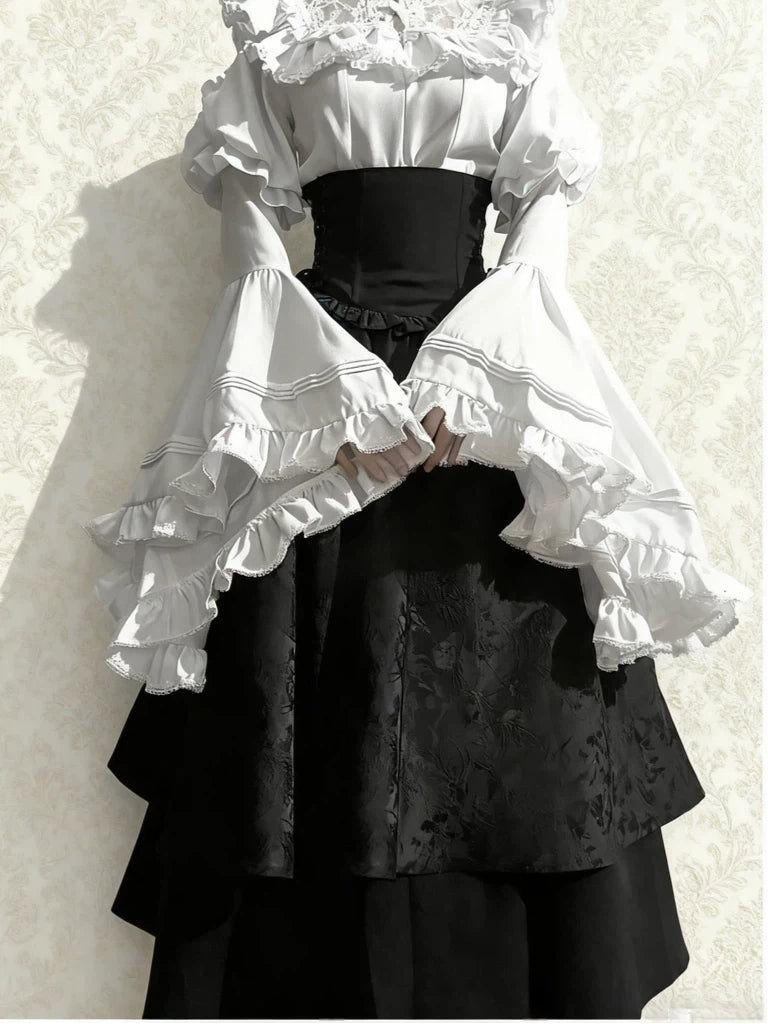 Gothic Lolita Langes Abiballkleid Schwarz Weiß Set Halloween Kostüm Spitze Bedruckt 34-44