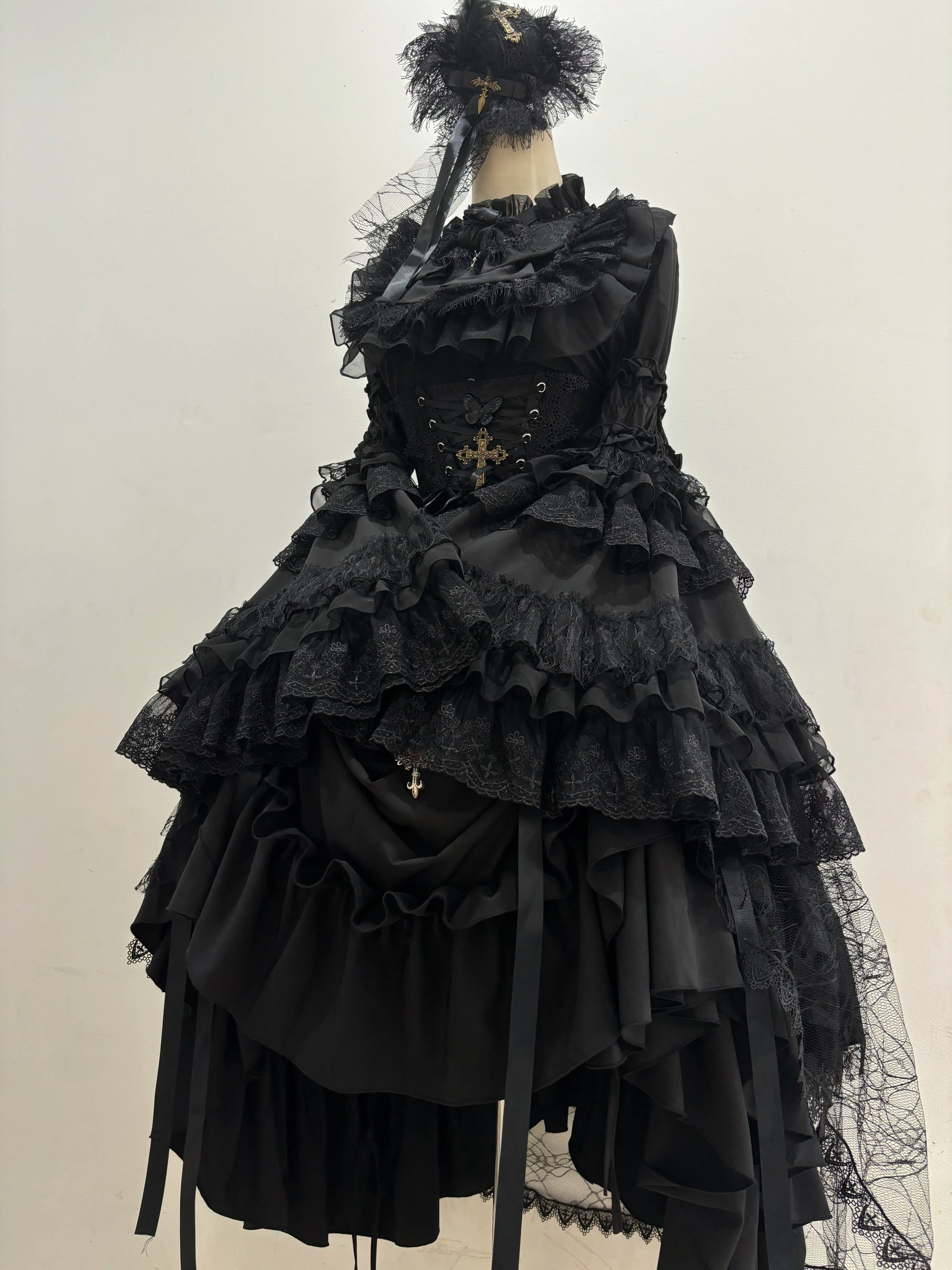 Gothic Lolita Schwarz Lang Abiballkleid Mit Spitze Rüschen Rokoko Halloween Kostüm 34-40