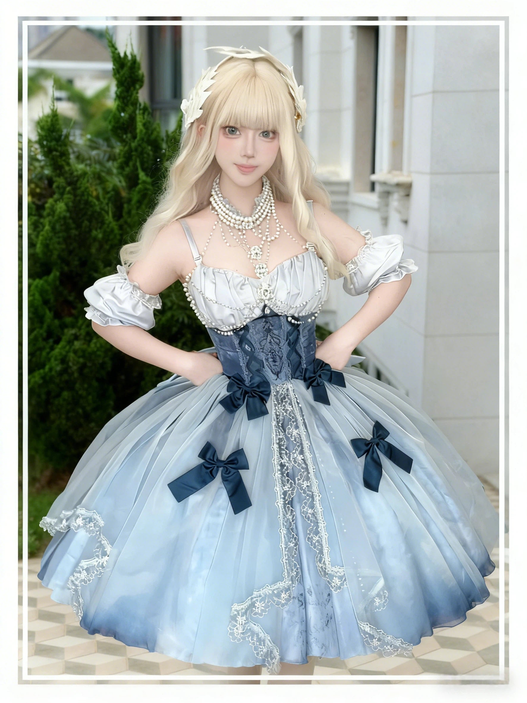 Hime Lolita Blaues Langes Ballkleid Hochzeitskleid Im Prinzessinnen Stil Für Teepartys Mit Spitzenbesatz 34-42