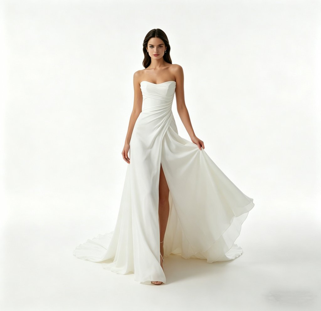 Exklusives weißes Satin-Maxikleid trägerlos mit Raffungen, elegantes bodenlanges Abendkleid mit Schlitz und Schleppe