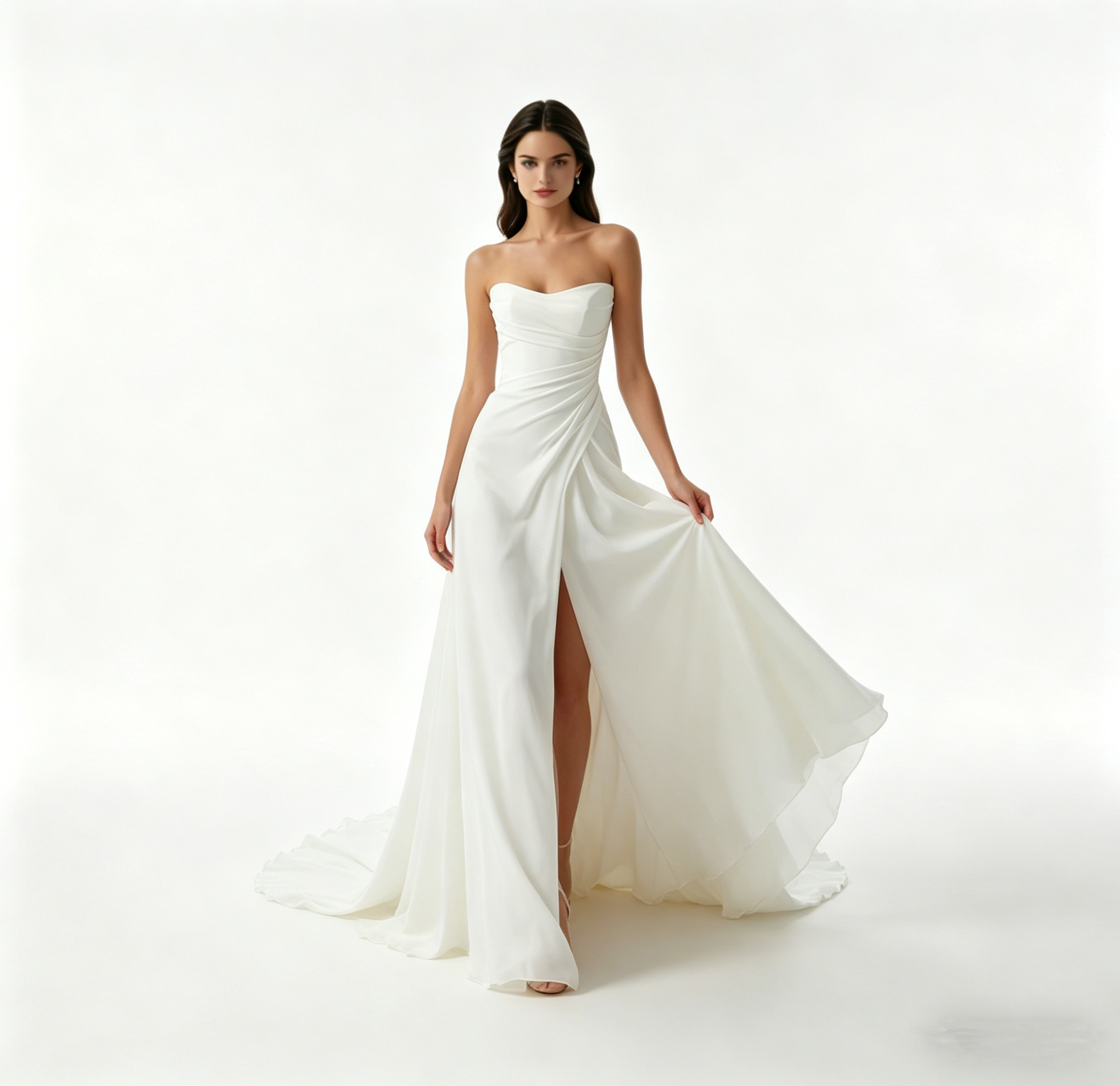 Exklusives weißes Satin-Maxikleid trägerlos mit Raffungen, elegantes bodenlanges Abendkleid mit Schlitz und Schleppe