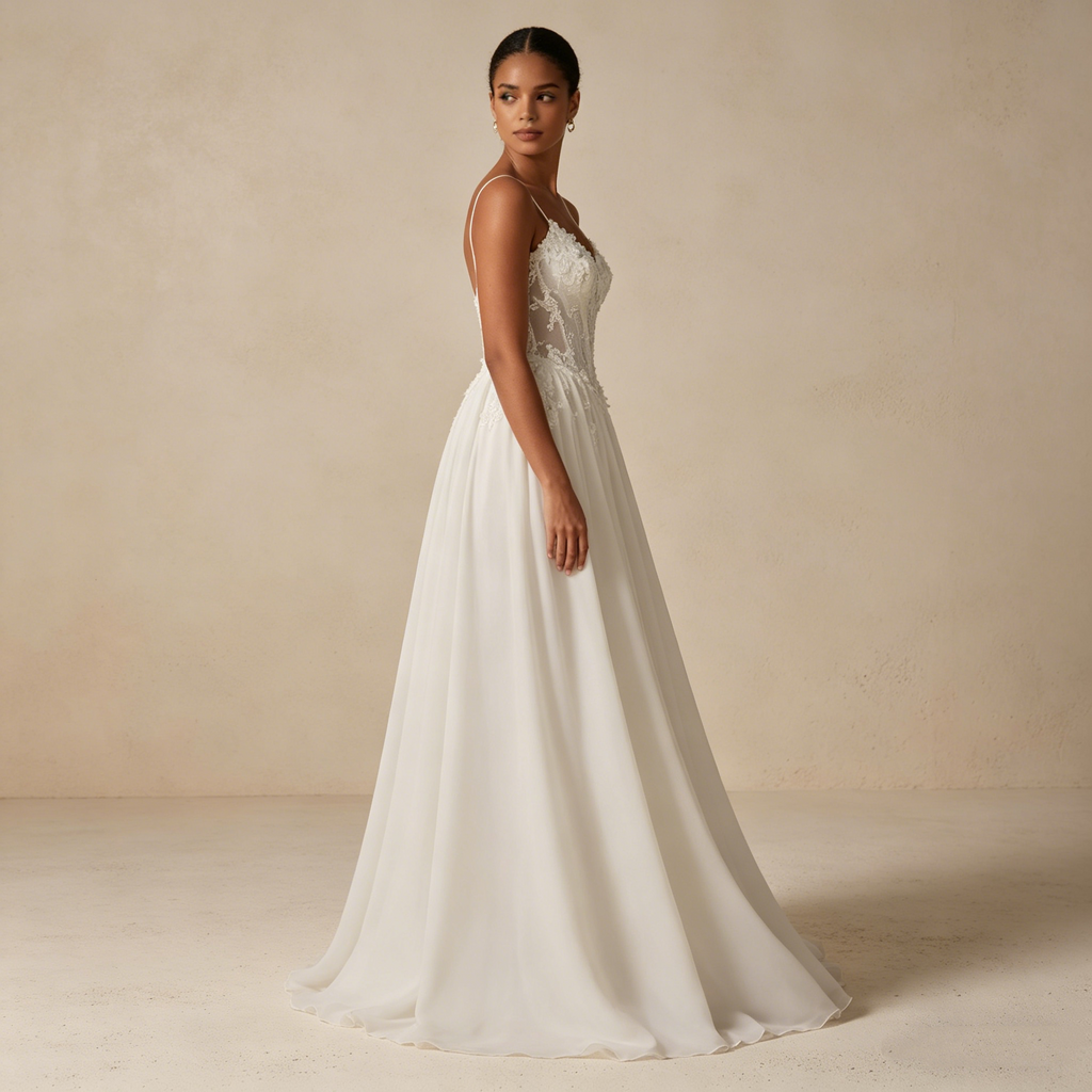 Elegantes Abendkleid mit Spitzenkorsett und fließendem Rock, Romantisches Maxikleid mit Spaghettiträgern in Elfenbein, Exquisite Galarobe