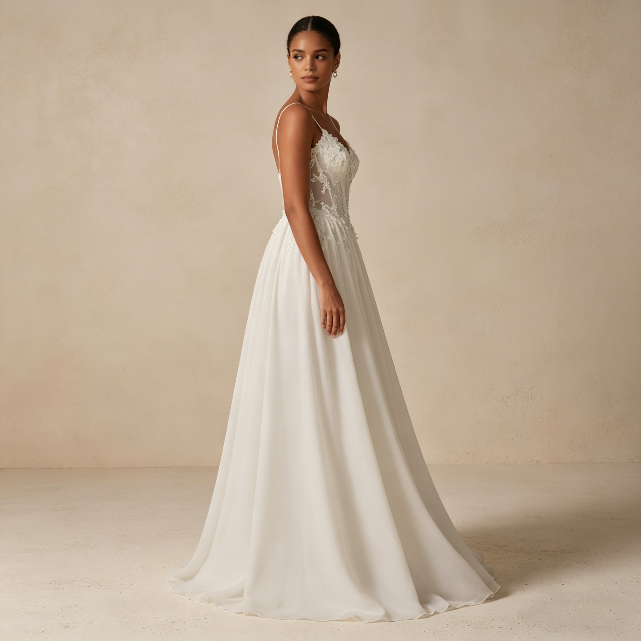 Elegantes Abendkleid mit Spitzenkorsett und fließendem Rock, Romantisches Maxikleid mit Spaghettiträgern in Elfenbein, Exquisite Galarobe