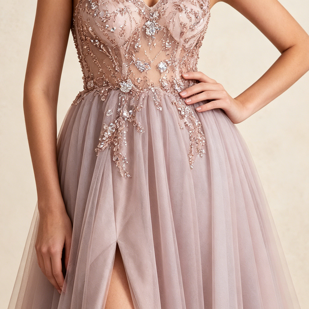 A-Linie Abendkleid mit Beinschlitz Elegantes Prinzessin Ballkleid Tüll Maxikleid - Altrosa