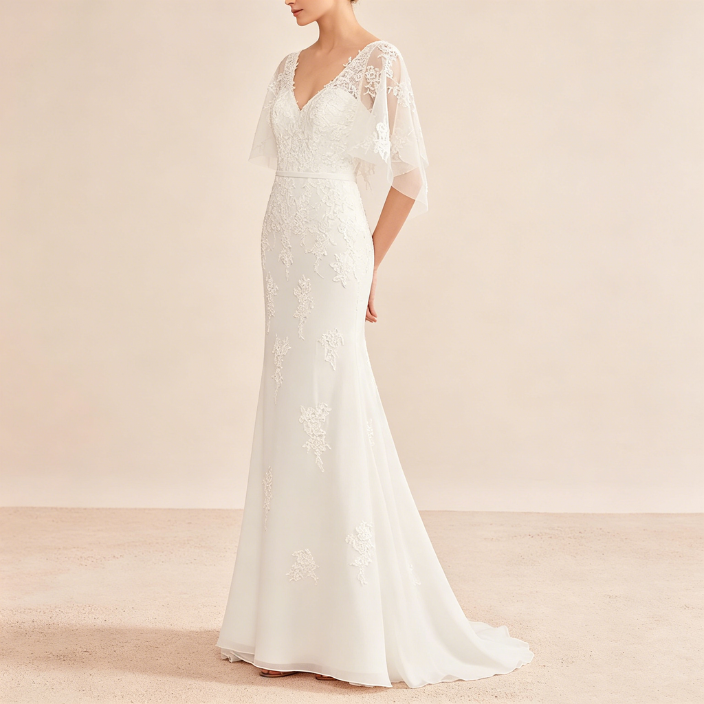 Exklusives weißes Abendkleid mit floraler Spitze im Meerjungfrau-Stil, elegantes bodenlanges Maxikleid mit V-Ausschnitt und Flatterärmeln