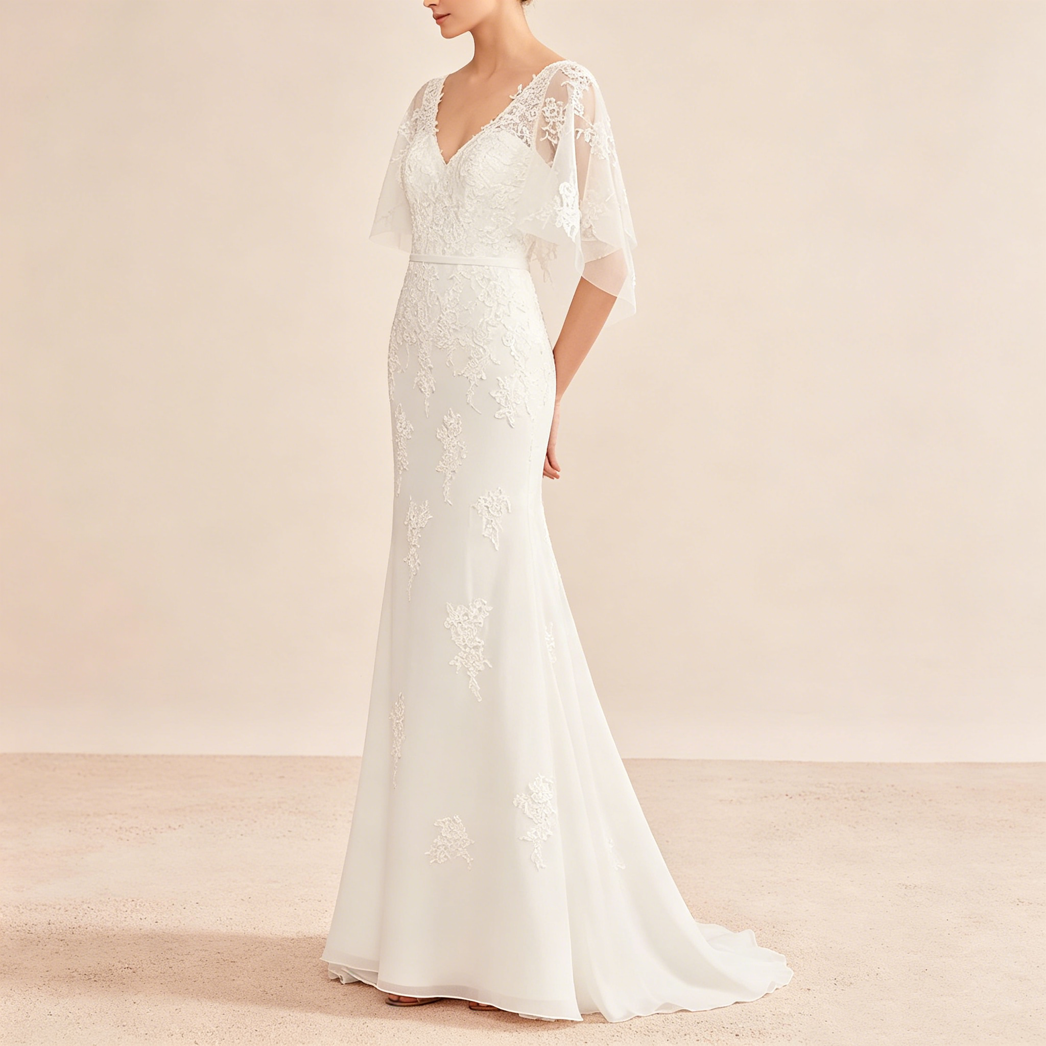 Exklusives weißes Abendkleid mit floraler Spitze im Meerjungfrau-Stil, elegantes bodenlanges Maxikleid mit V-Ausschnitt und Flatterärmeln