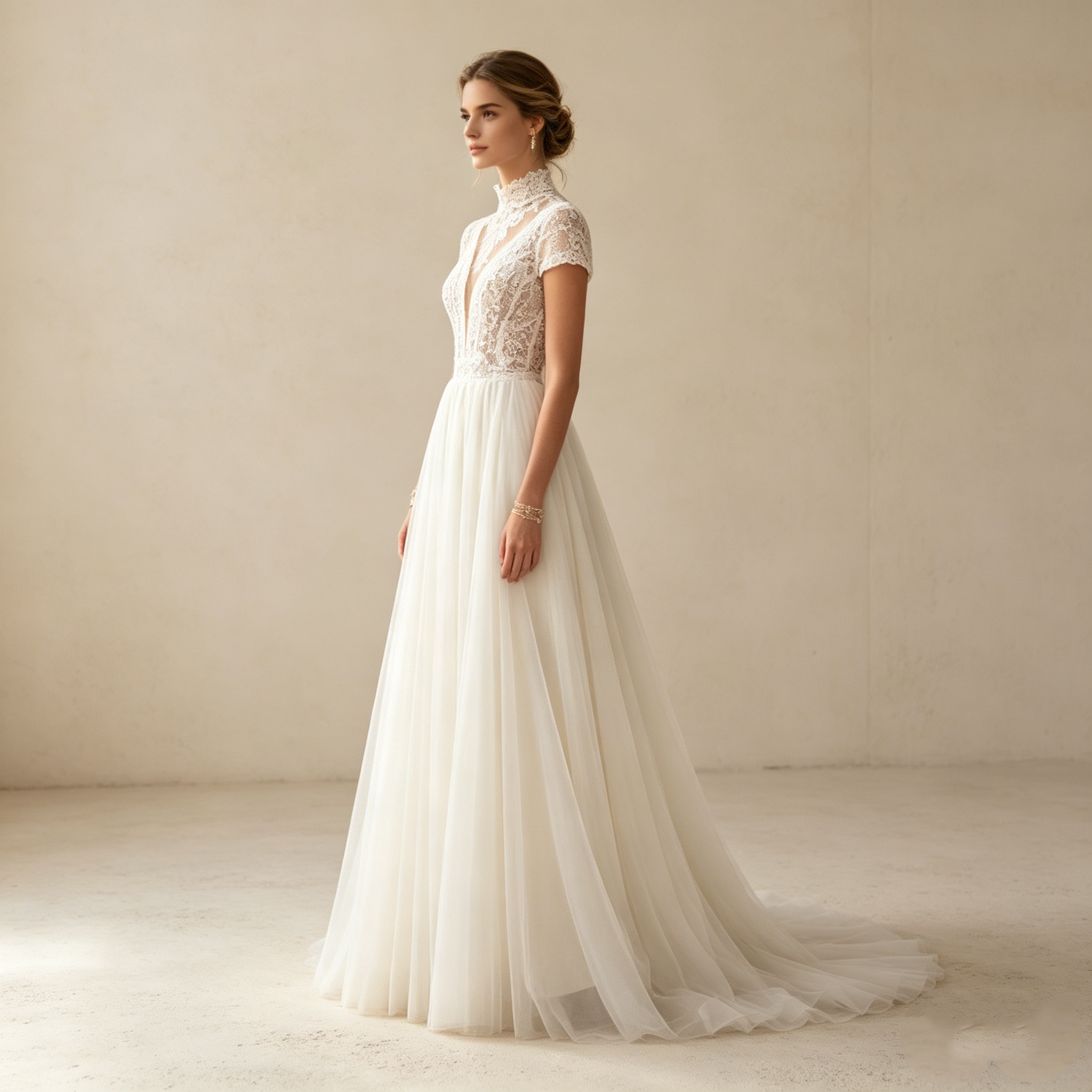 Zeitlose Aristokratie: Maxikleid in Elfenbein mit edlem Stehkragen und filigraner Boho-Spitze