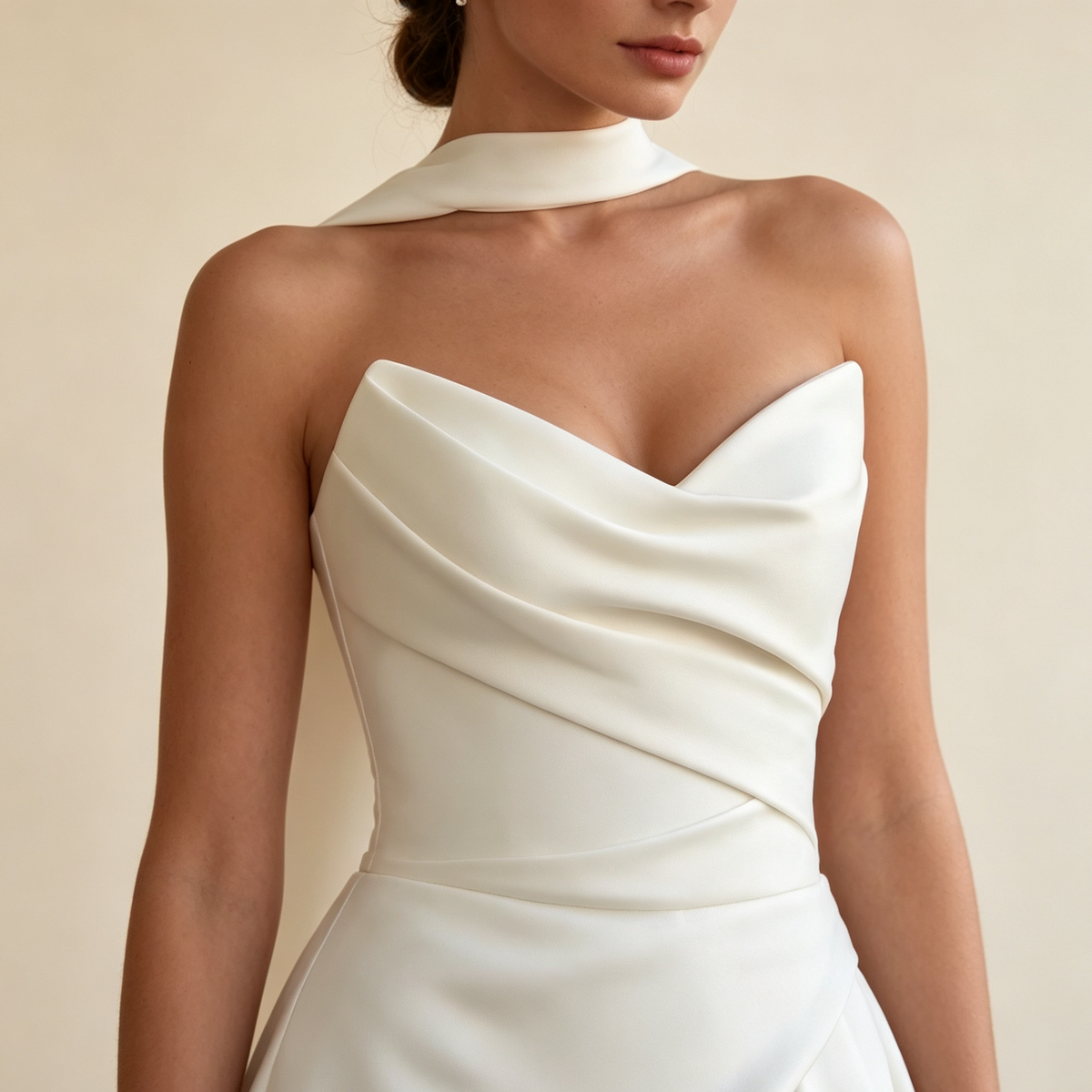 Festliches Damen Maxikleid trägerlos mit Halsband‑Detail, A‑Linie Schnitt mit Beinschlitz und Schleppe