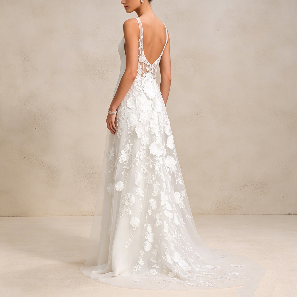 Elegantes V-Ausschnitt Abendkleid mit 3D-Blumen und Beinschlitz