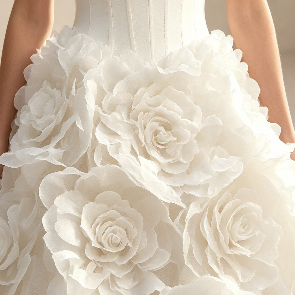 Trägerloses Abendkleid mit Korsagen-Oberteil und 3D-Blumen-Applikationen – Weiß