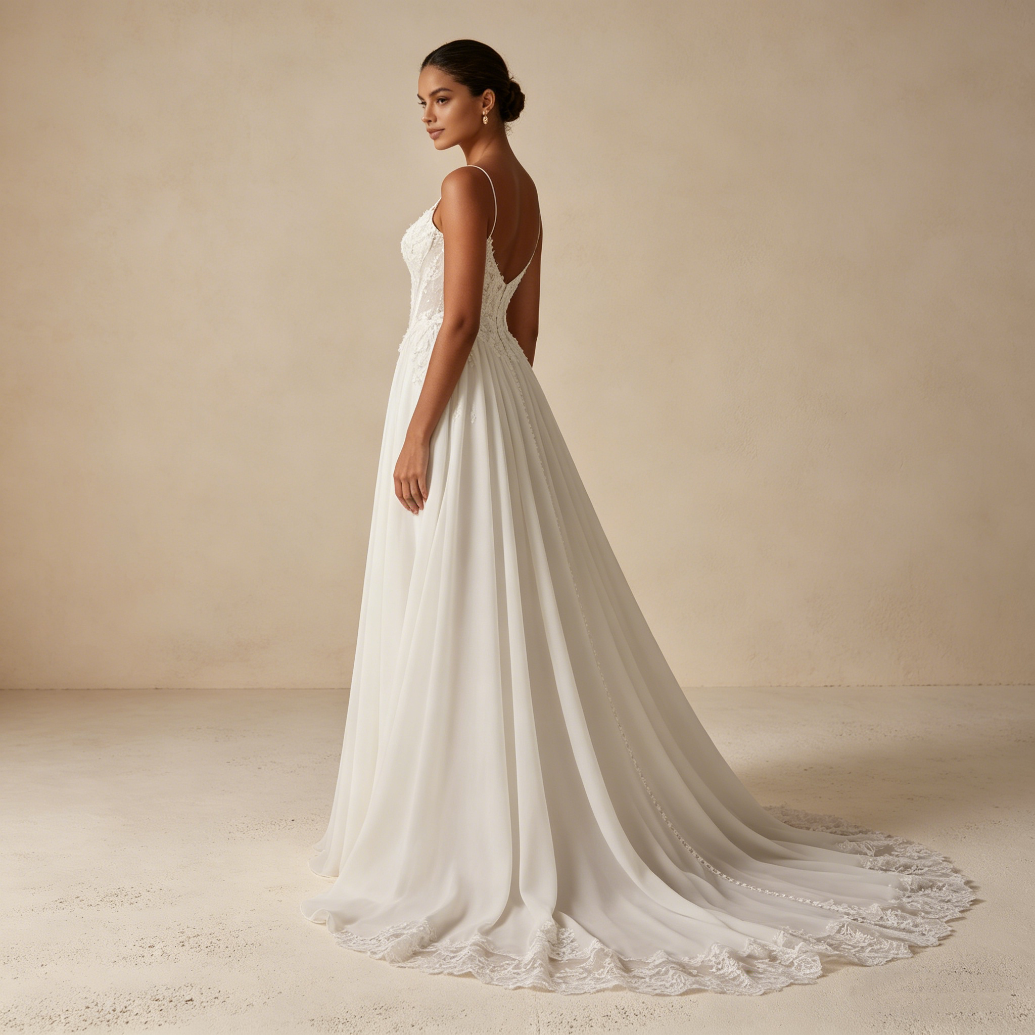 Elegantes Abendkleid mit Spitzenkorsett und fließendem Rock, Romantisches Maxikleid mit Spaghettiträgern in Elfenbein, Exquisite Galarobe