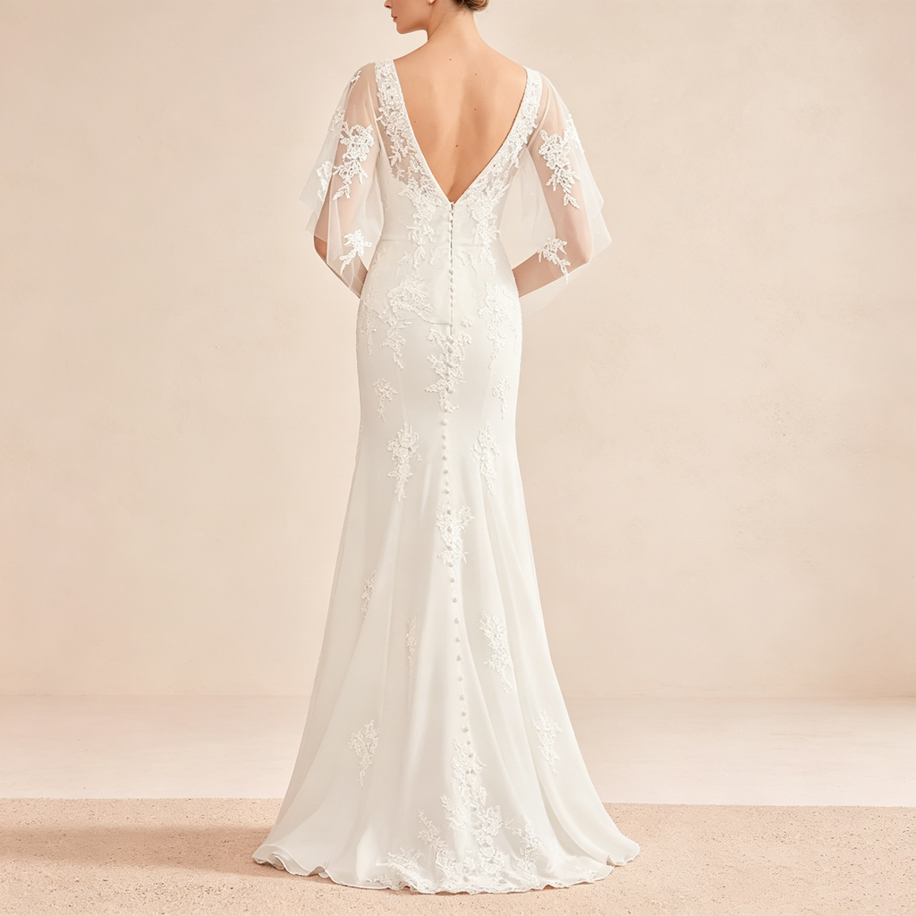 Exklusives weißes Abendkleid mit floraler Spitze im Meerjungfrau-Stil, elegantes bodenlanges Maxikleid mit V-Ausschnitt und Flatterärmeln