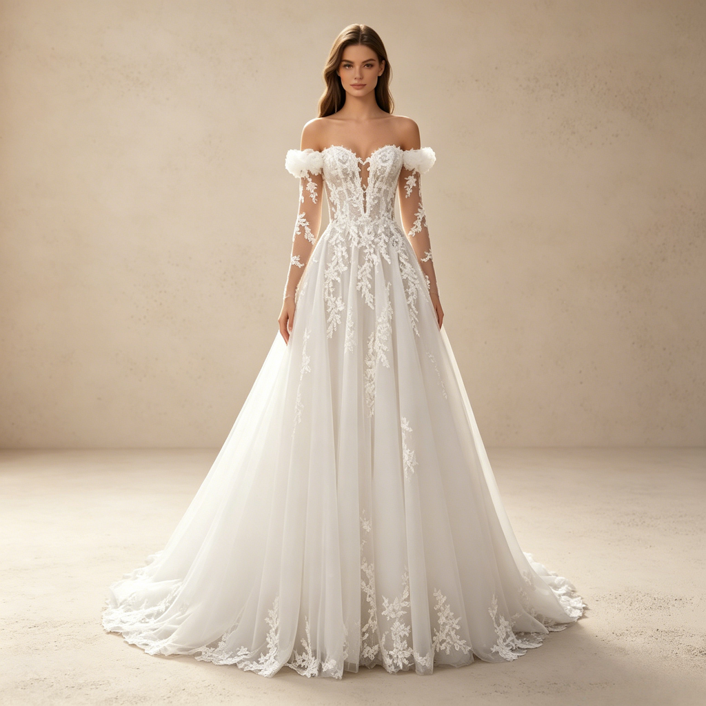 Off-Shoulder Abendkleid mit langen Spitzenärmeln und tiefem V-Ausschnitt – Weiß