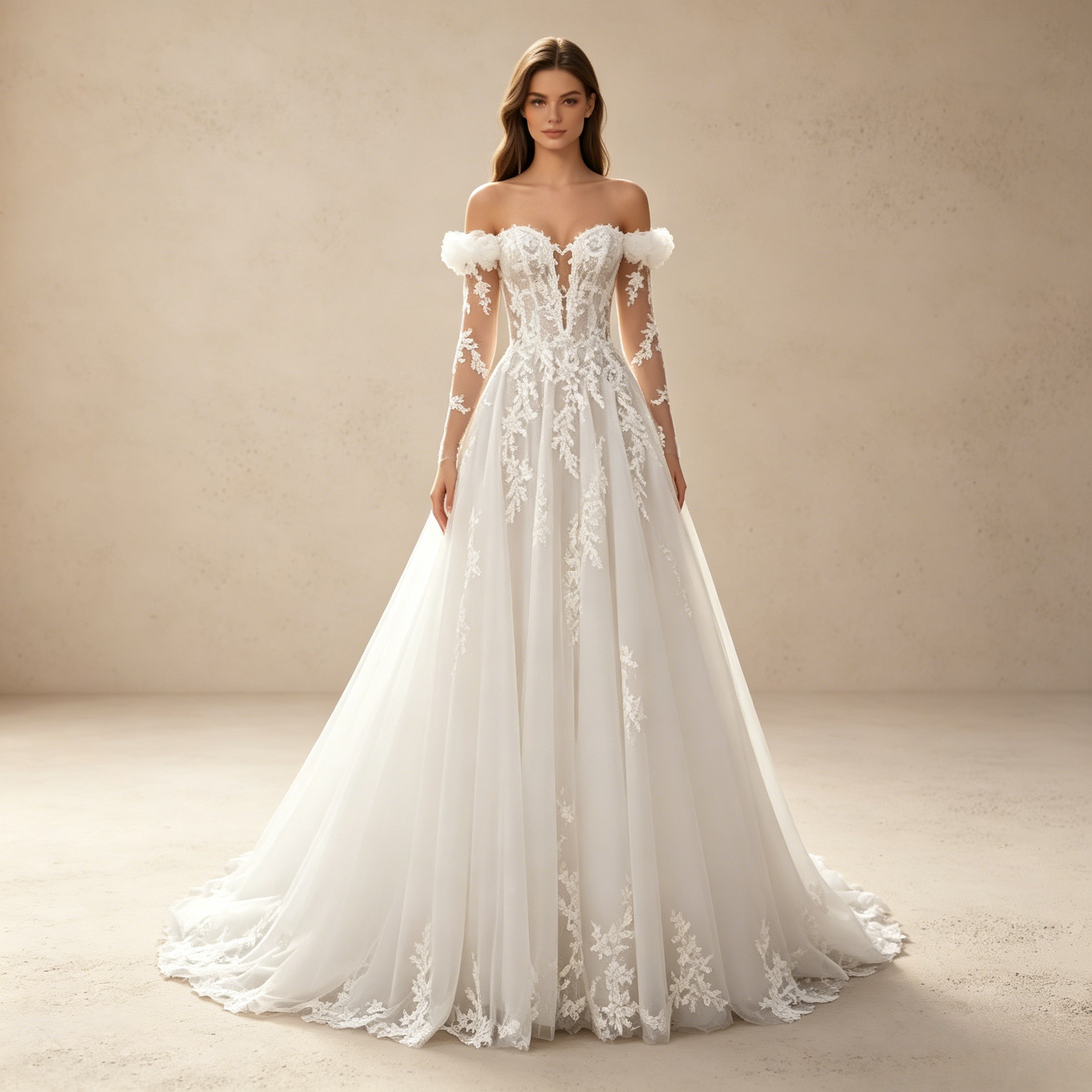 Off-Shoulder Abendkleid mit langen Spitzenärmeln und tiefem V-Ausschnitt – Weiß