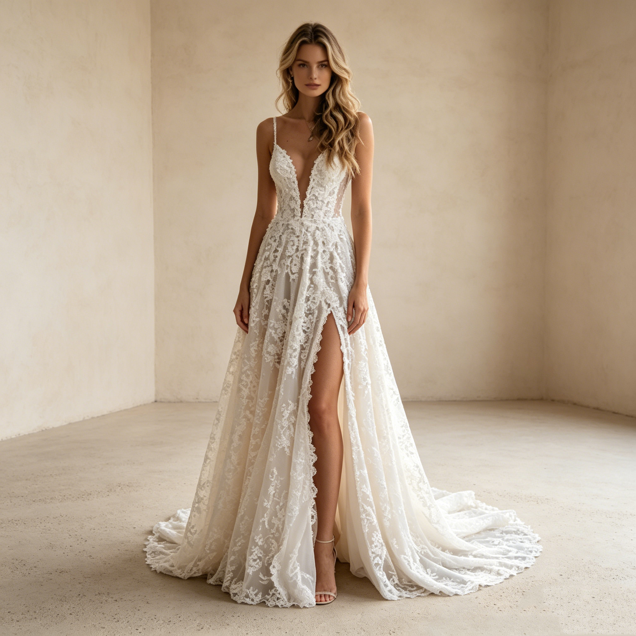Romantischer Boho-Traum: Fließendes Maxikleid in Elfenbein mit edler Spitze und klassischem Rundhals
