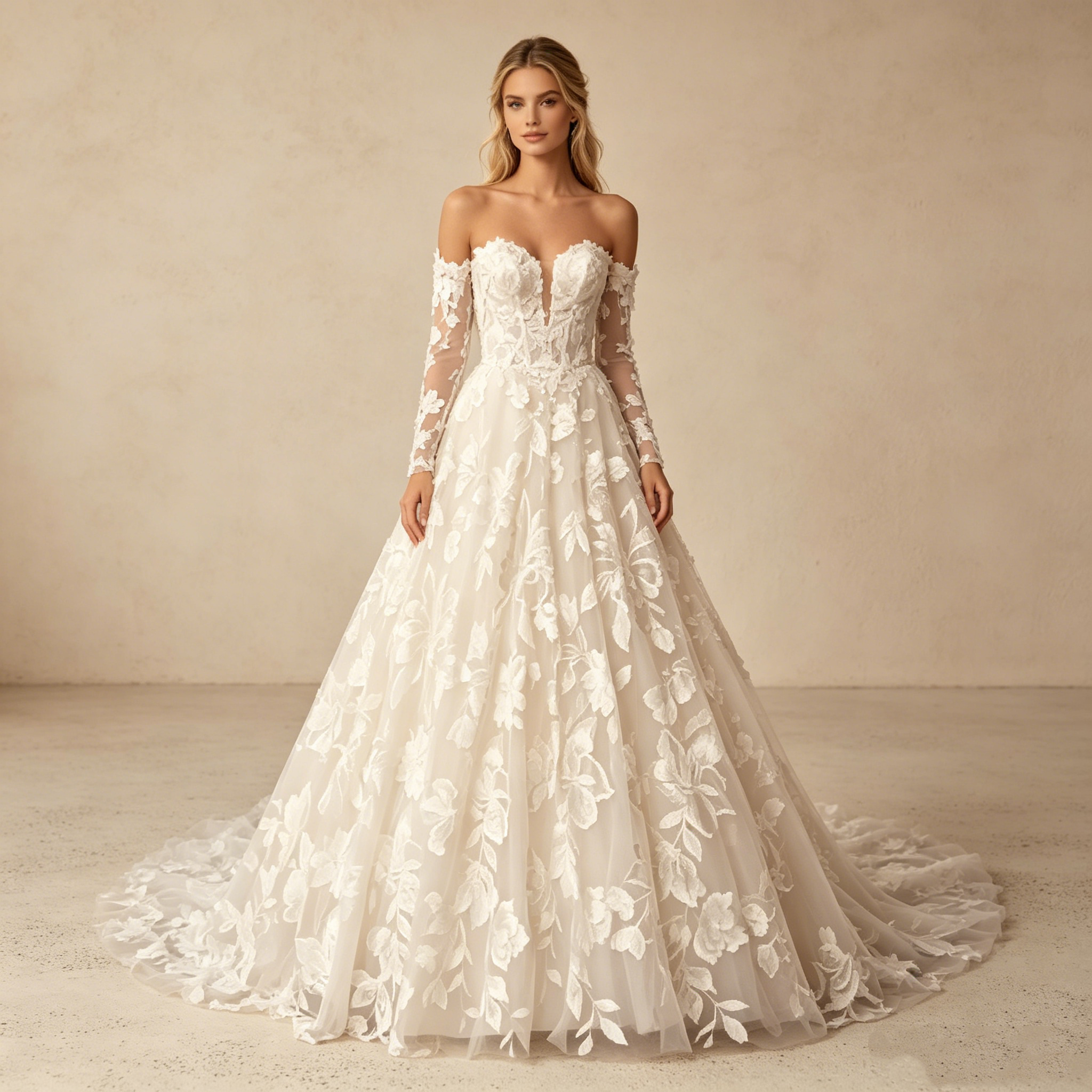 Prachtvolles Spitzen-Maxikleid mit Langarm – Elegantes Abendkleid mit Off-Shoulder-Schnitt und floraler Bestickung