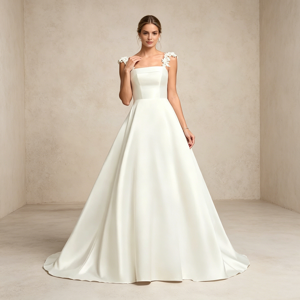 Exklusives weißes Satin-Maxikleid mit eckigem Ausschnitt und floralen Trägern, elegantes bodenlanges Abendkleid in A-Linie