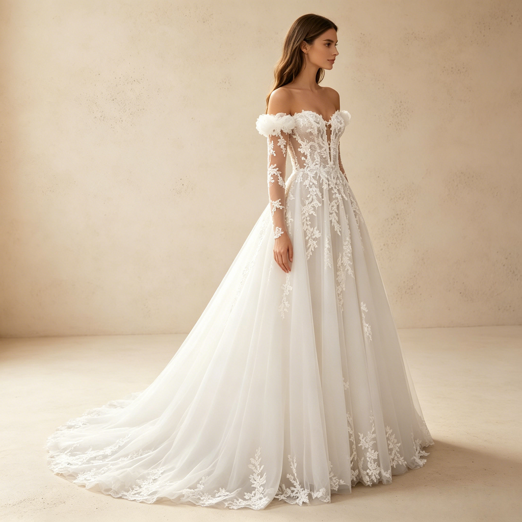 Off-Shoulder Abendkleid mit langen Spitzenärmeln und tiefem V-Ausschnitt – Weiß