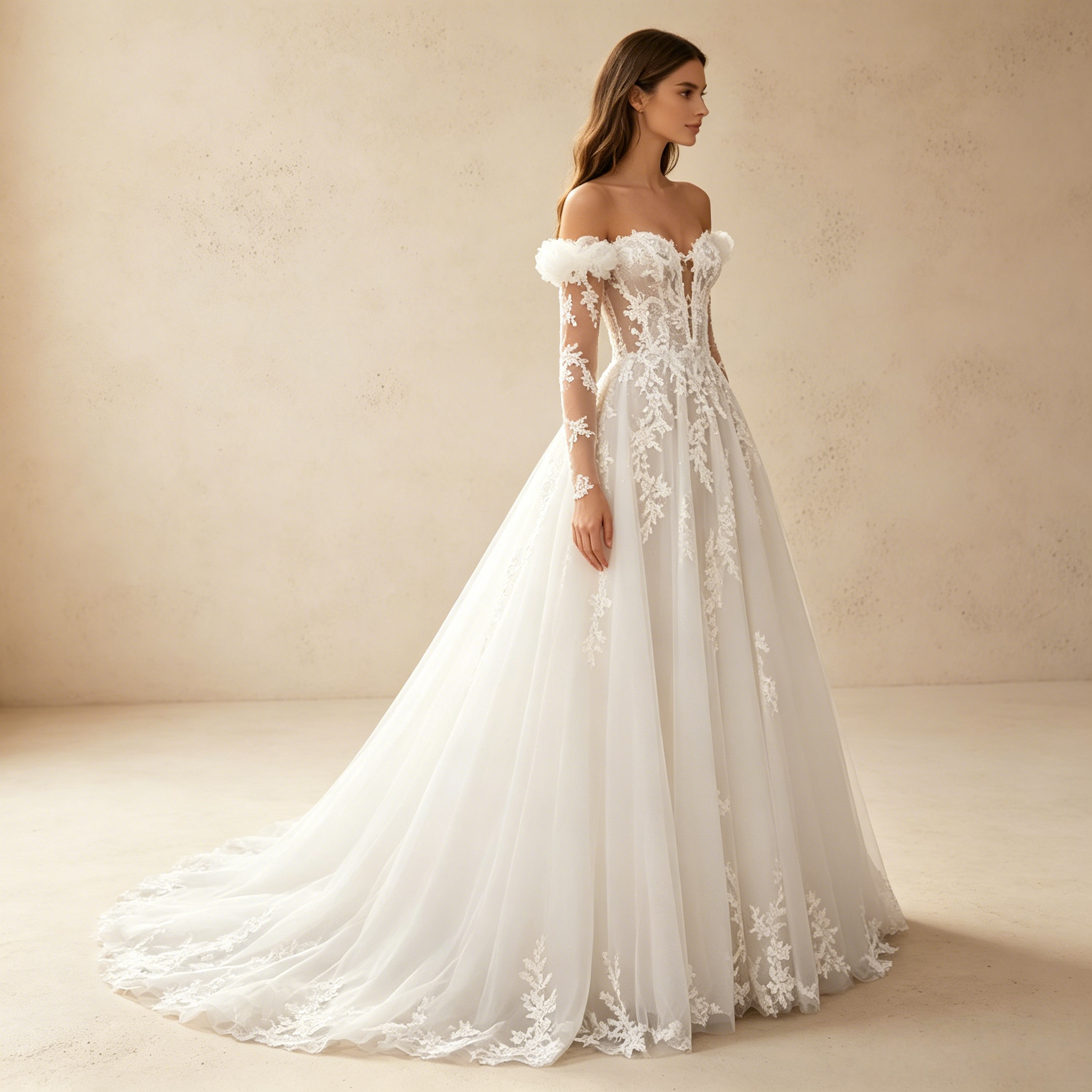 Off-Shoulder Abendkleid mit langen Spitzenärmeln und tiefem V-Ausschnitt – Weiß