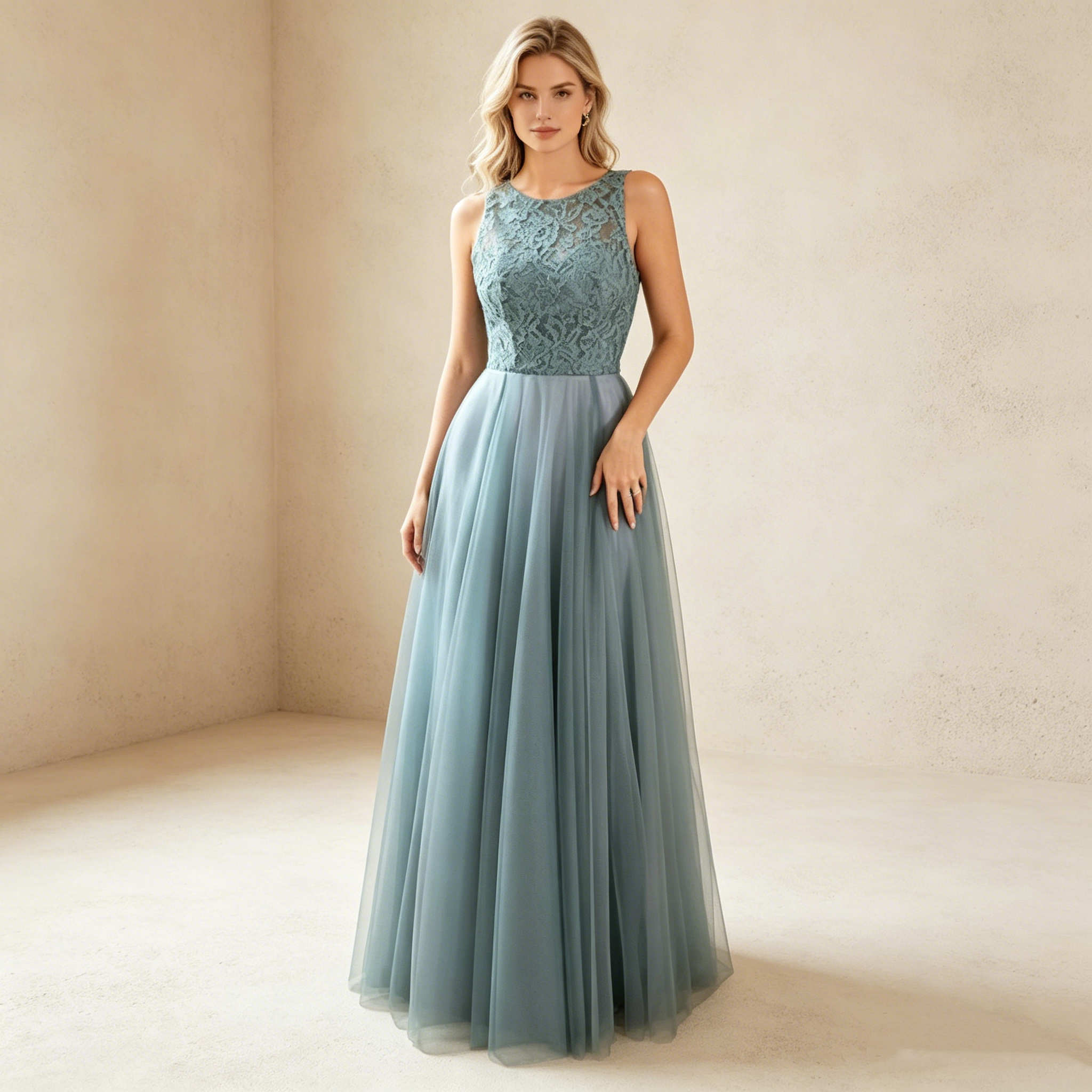 A-Linie Abendkleid mit Rundhals-Ausschnitt Elegantes Spitzen Ballkleid Tüll Maxikleid - Taubenblau