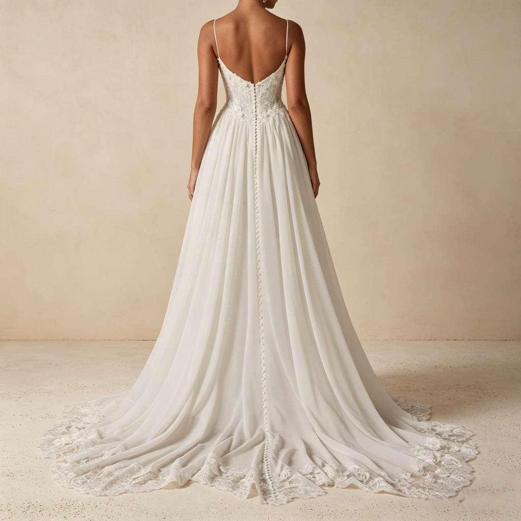 Elegantes Abendkleid mit Spitzenkorsett und fließendem Rock, Romantisches Maxikleid mit Spaghettiträgern in Elfenbein, Exquisite Galarobe