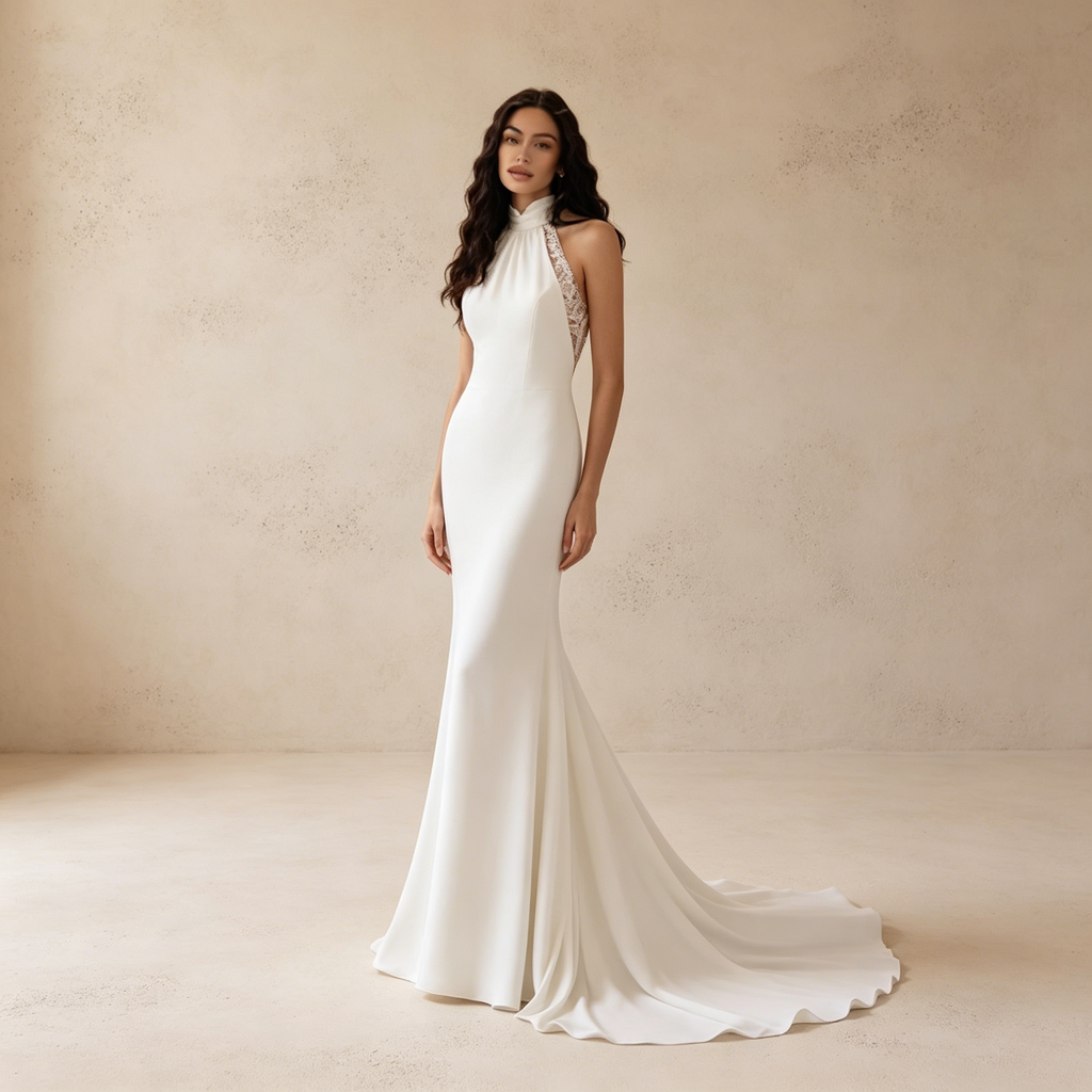 Elegantes Halterneck Maxikleid in Weiß – Figurbetontes langes Abendkleid mit Spitzendetails