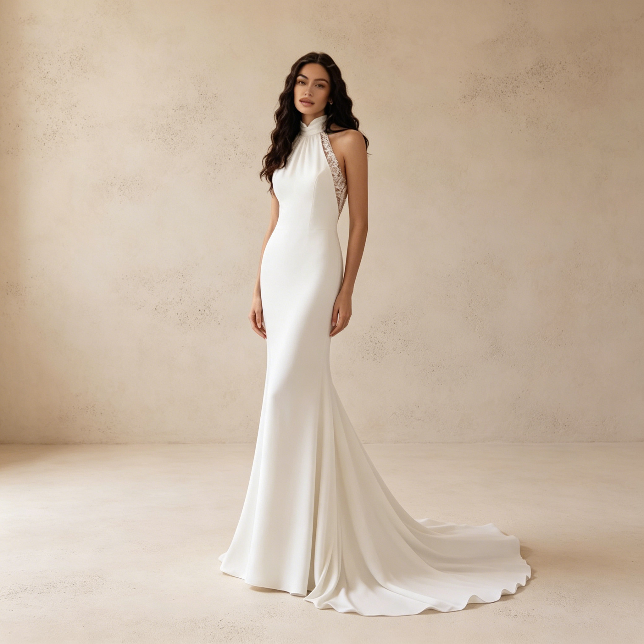 Elegantes Halterneck Maxikleid in Weiß – Figurbetontes langes Abendkleid mit Spitzendetails
