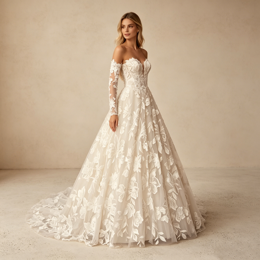 Prachtvolles Spitzen-Maxikleid mit Langarm – Elegantes Abendkleid mit Off-Shoulder-Schnitt und floraler Bestickung