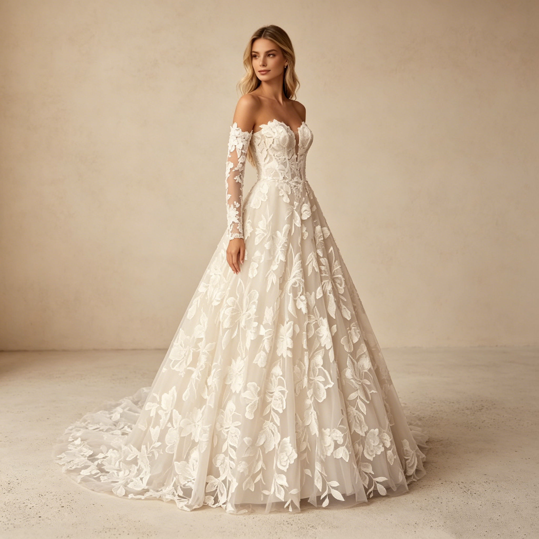 Prachtvolles Spitzen-Maxikleid mit Langarm – Elegantes Abendkleid mit Off-Shoulder-Schnitt und floraler Bestickung