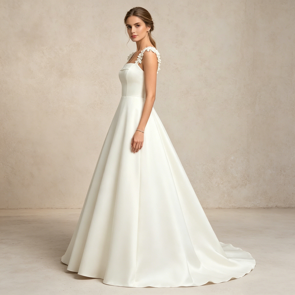 Exklusives weißes Satin-Maxikleid mit eckigem Ausschnitt und floralen Trägern, elegantes bodenlanges Abendkleid in A-Linie
