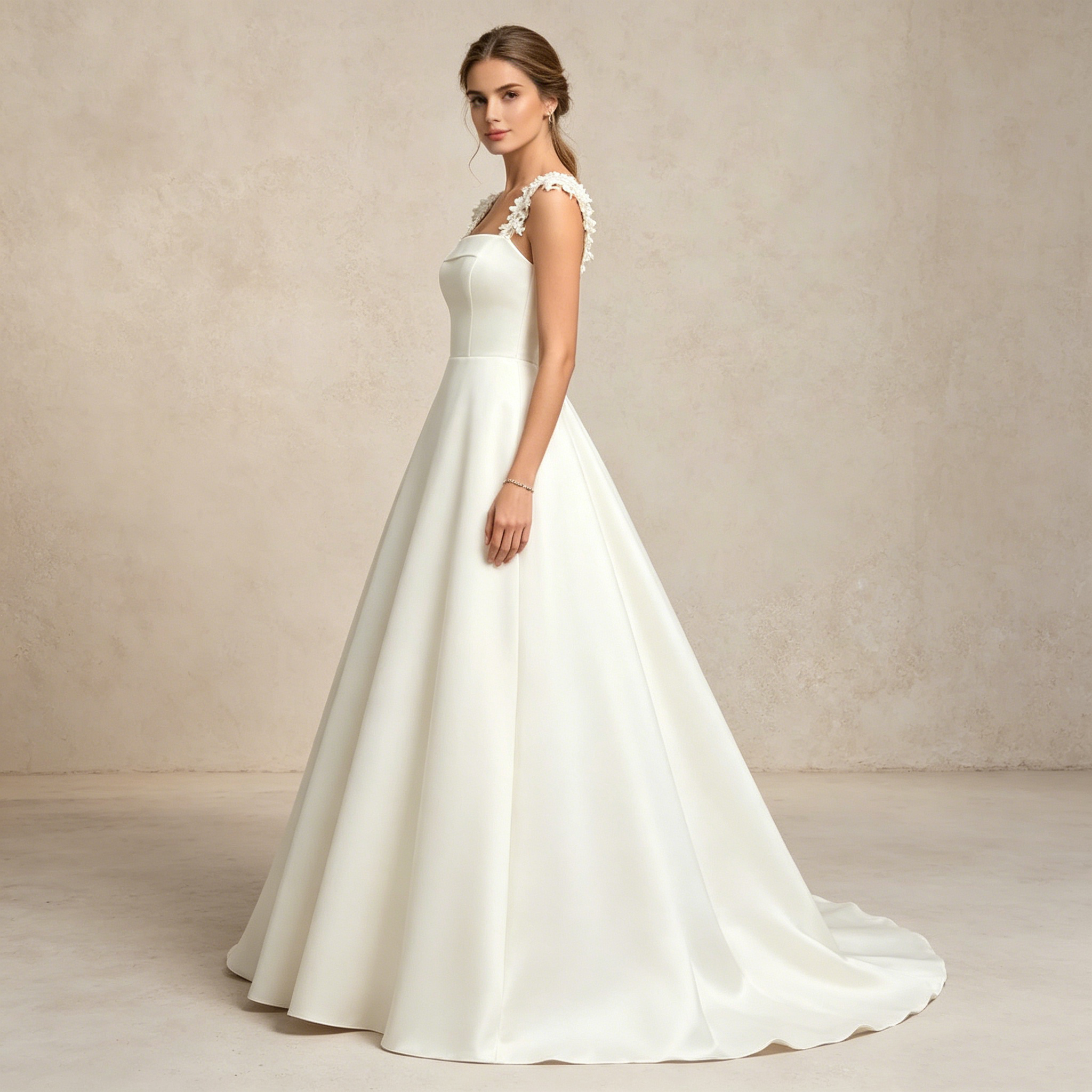 Exklusives weißes Satin-Maxikleid mit eckigem Ausschnitt und floralen Trägern, elegantes bodenlanges Abendkleid in A-Linie