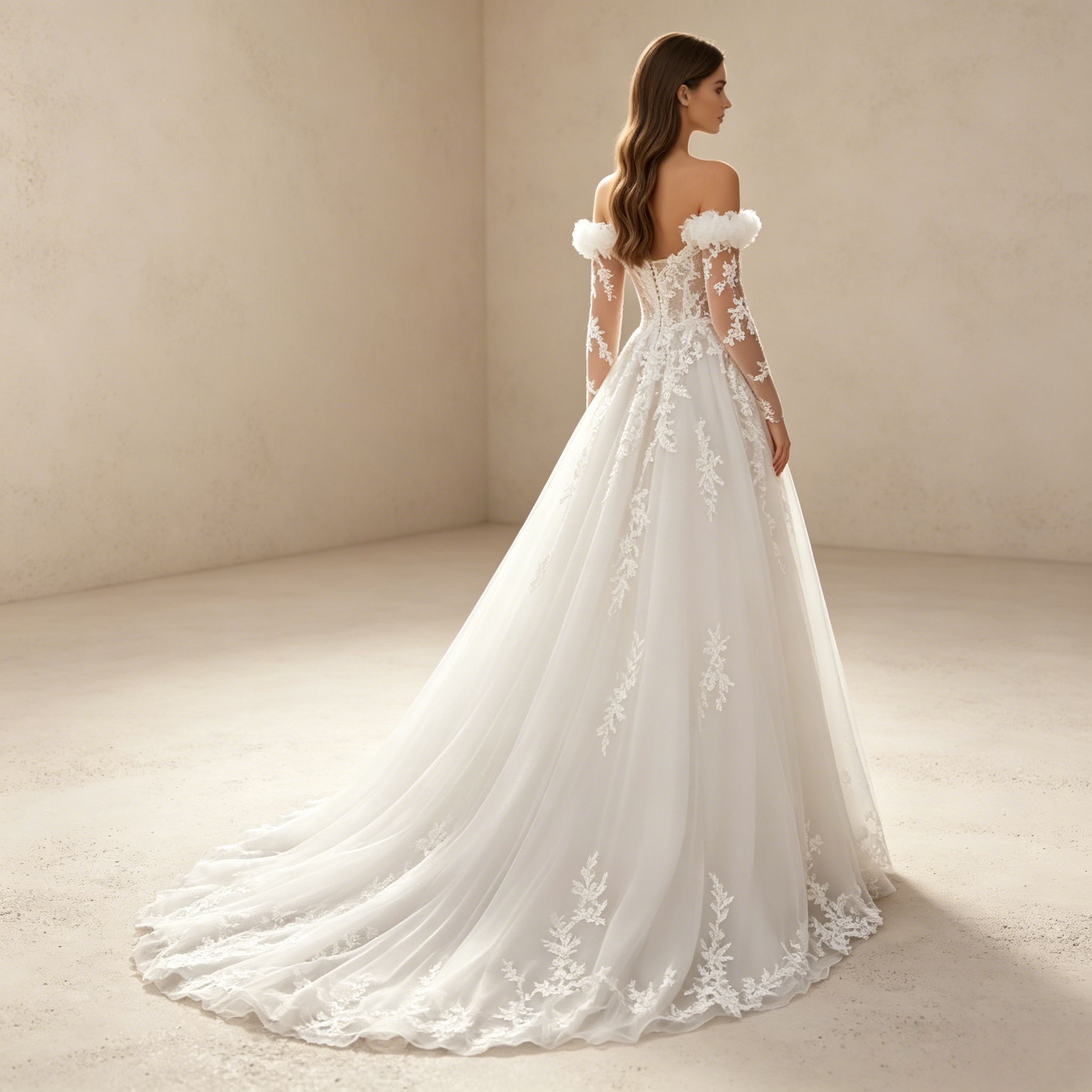Off-Shoulder Abendkleid mit langen Spitzenärmeln und tiefem V-Ausschnitt – Weiß