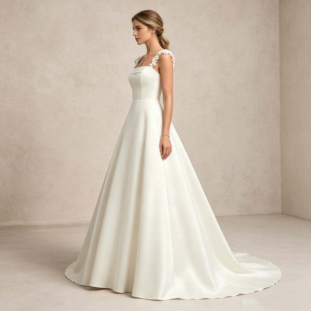 Exklusives weißes Satin-Maxikleid mit eckigem Ausschnitt und floralen Trägern, elegantes bodenlanges Abendkleid in A-Linie