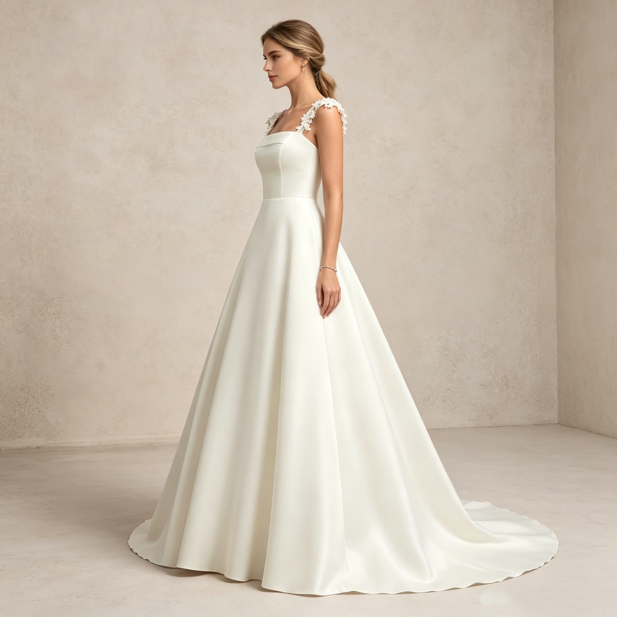 Exklusives weißes Satin-Maxikleid mit eckigem Ausschnitt und floralen Trägern, elegantes bodenlanges Abendkleid in A-Linie