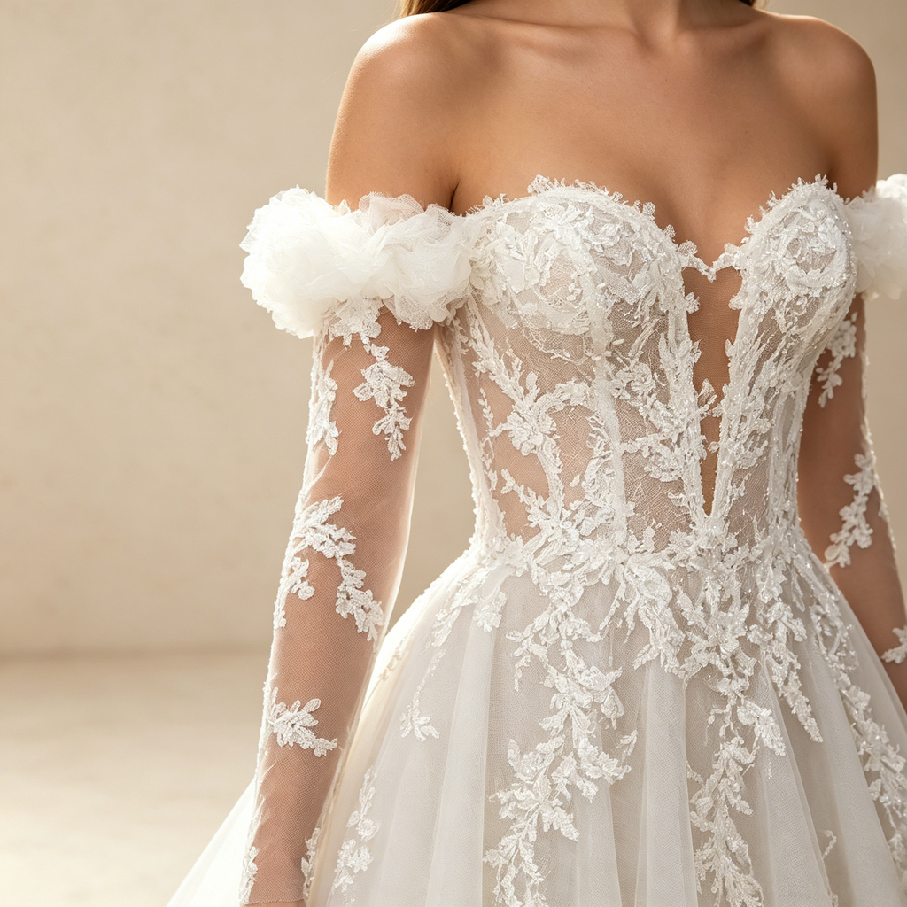 Off-Shoulder Abendkleid mit langen Spitzenärmeln und tiefem V-Ausschnitt – Weiß