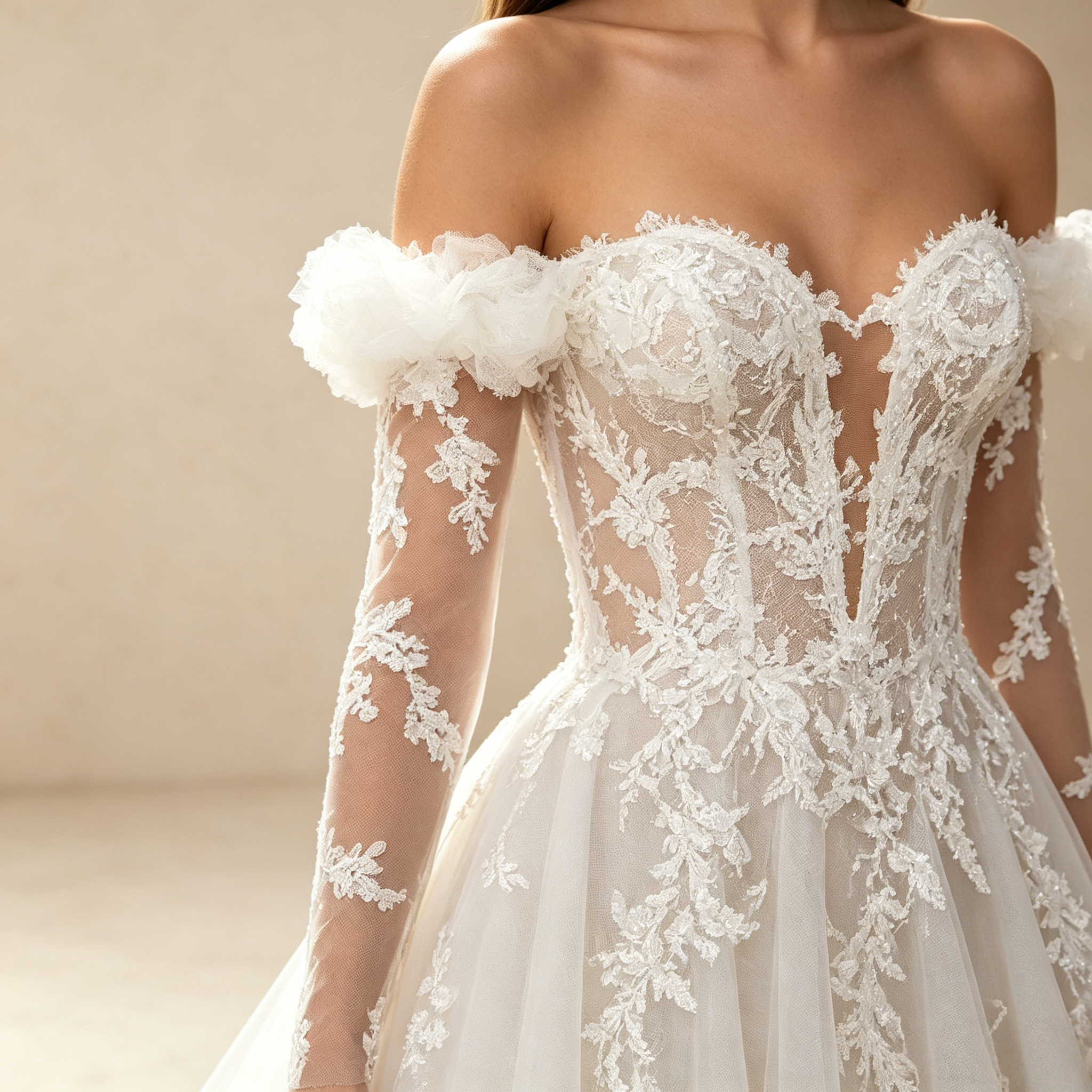 Off-Shoulder Abendkleid mit langen Spitzenärmeln und tiefem V-Ausschnitt – Weiß